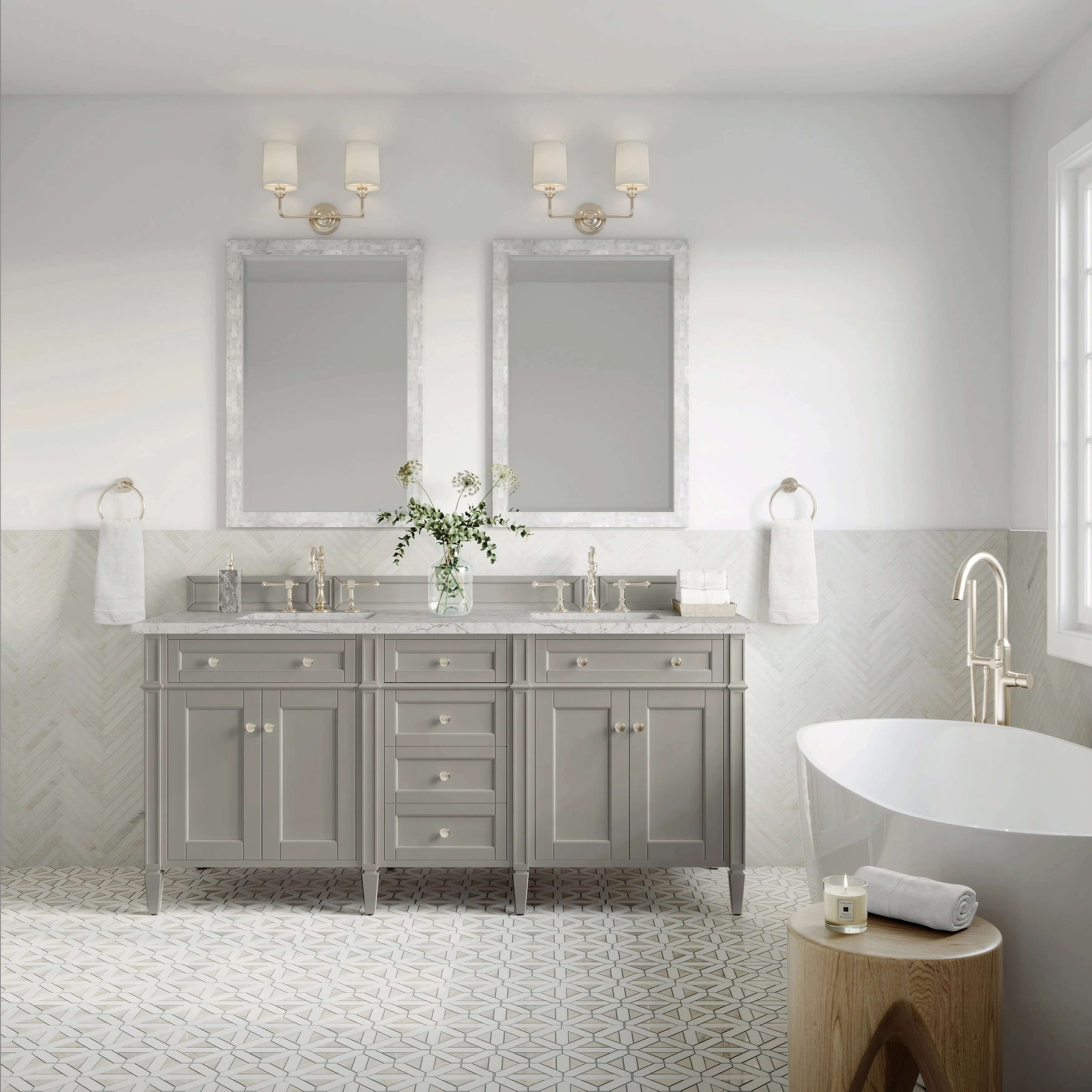 Brittany 72" Double Vanity, Urban Gray w/ 3 CM Eternal Jasmine Pearl Silestone Top