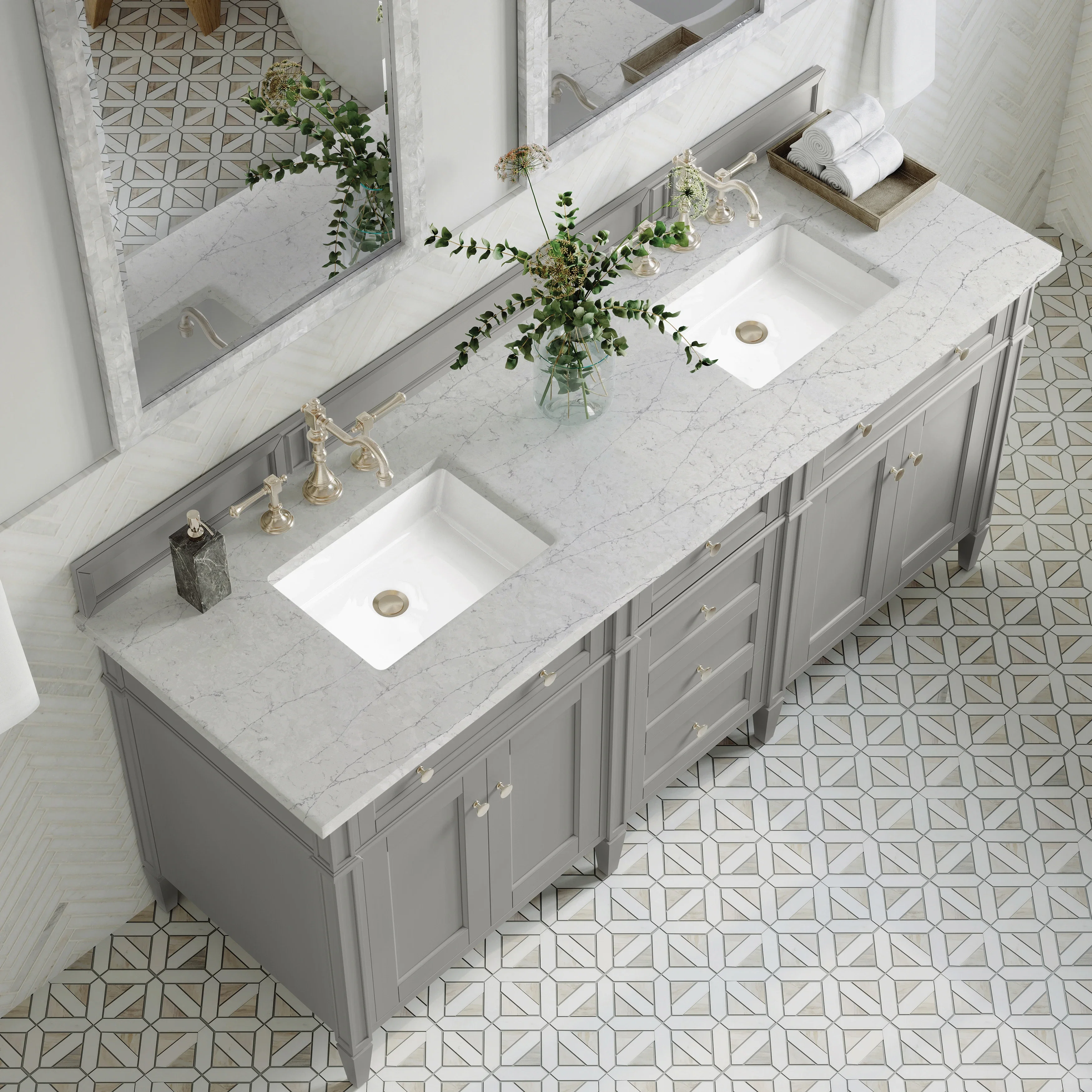 Brittany 72" Double Vanity, Urban Gray w/ 3 CM Eternal Jasmine Pearl Silestone Top
