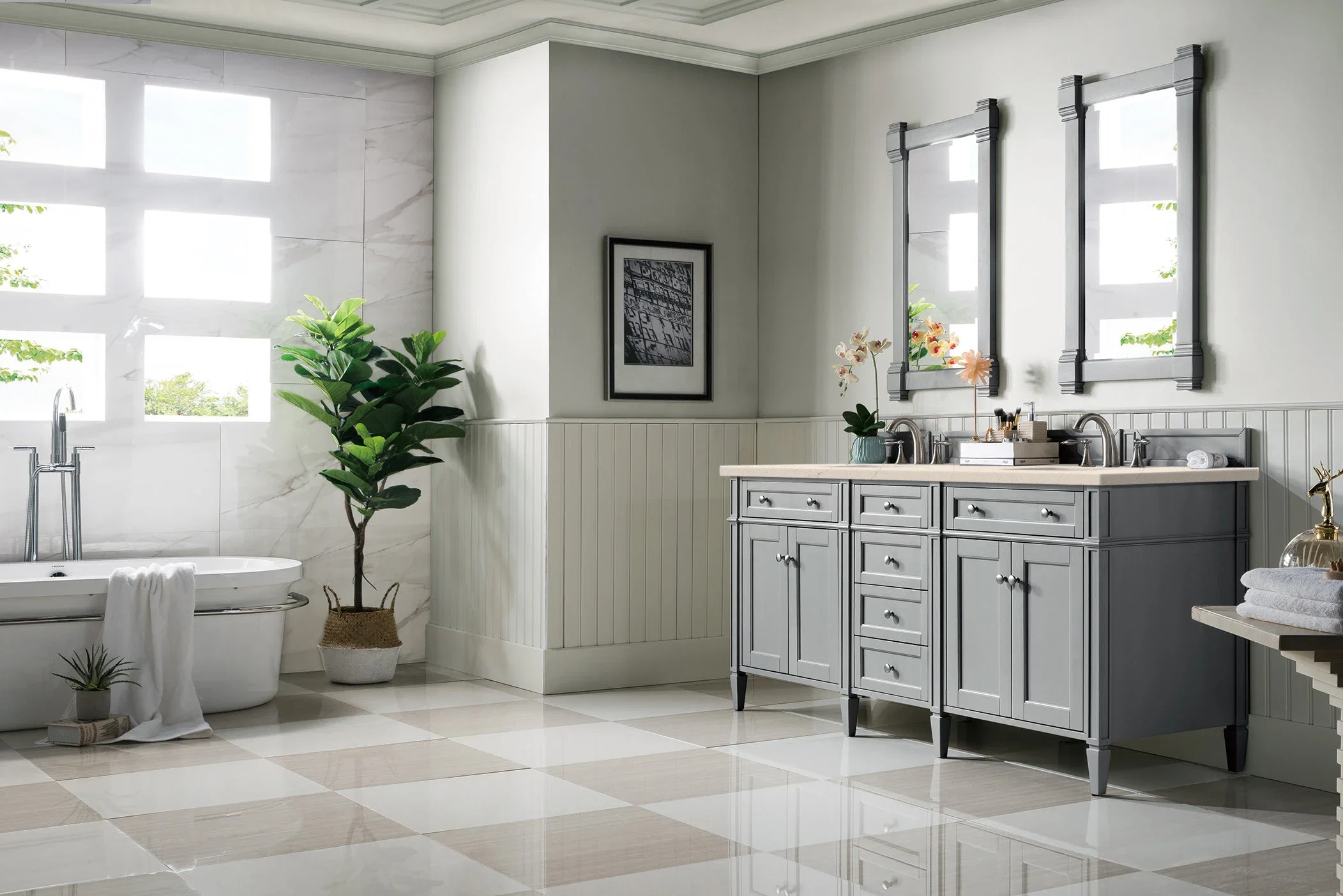 Brittany 72" Double Vanity, Urban Gray w/ 3 CM Eternal Marfil Silestone Top