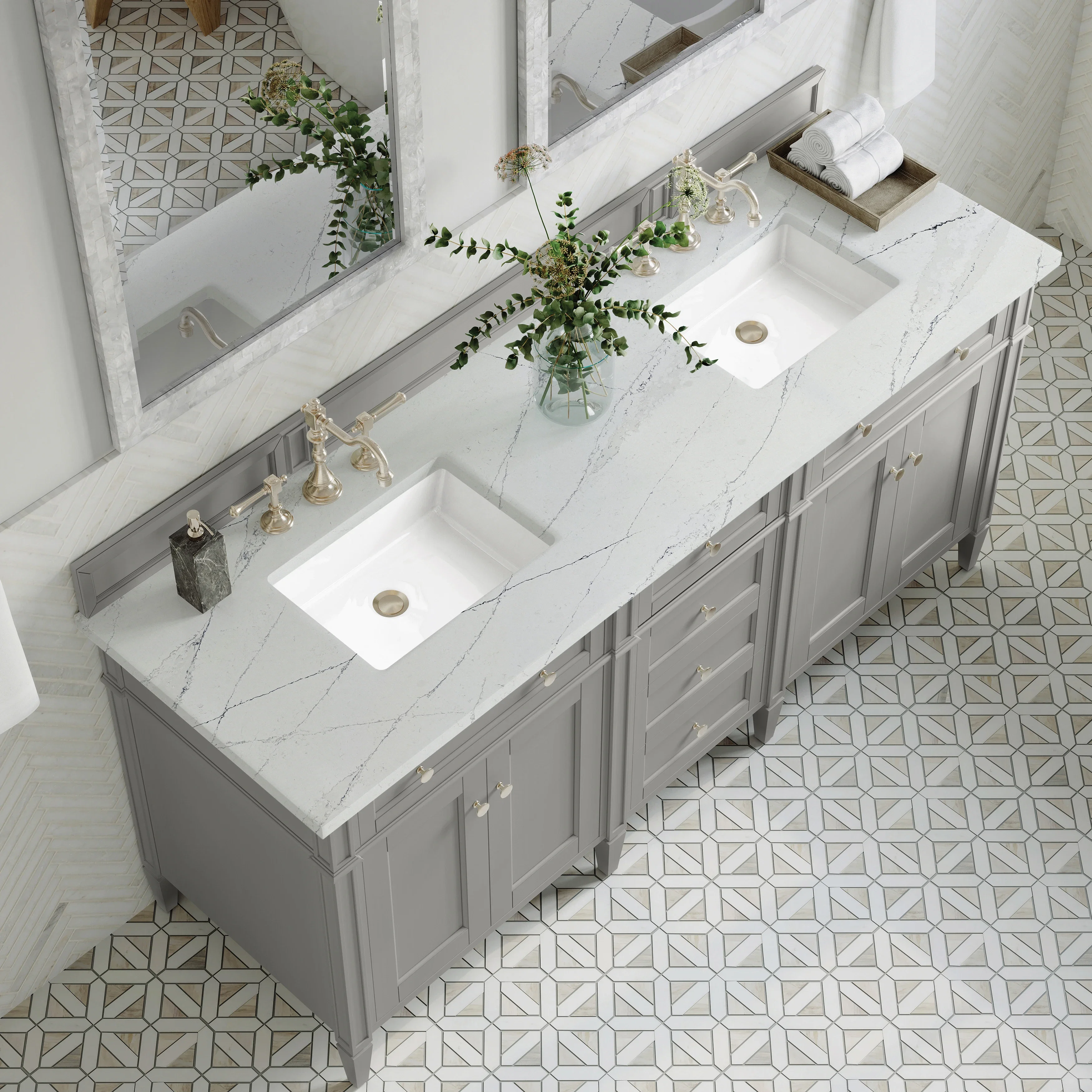 Brittany 72" Double Vanity, Urban Gray w/ 3 CM Ethereal Noctis Silestone Top