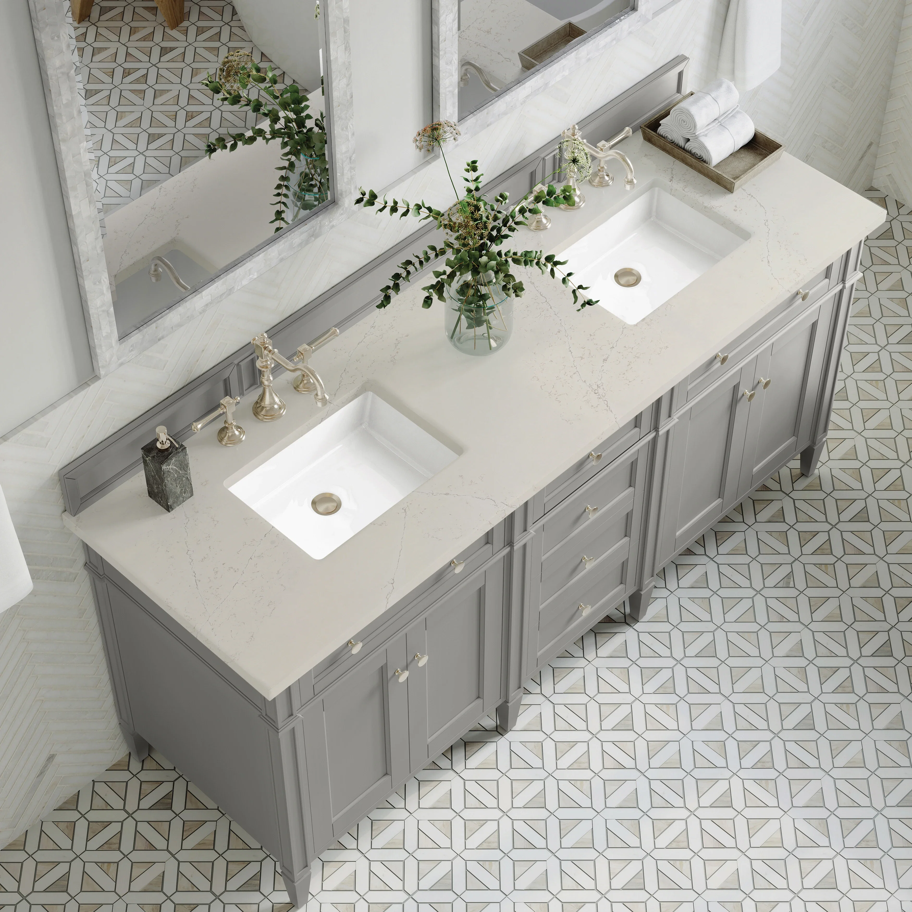 Brittany 72" Double Vanity, Urban Gray, w/ 3 CM Siberian Silestone Top