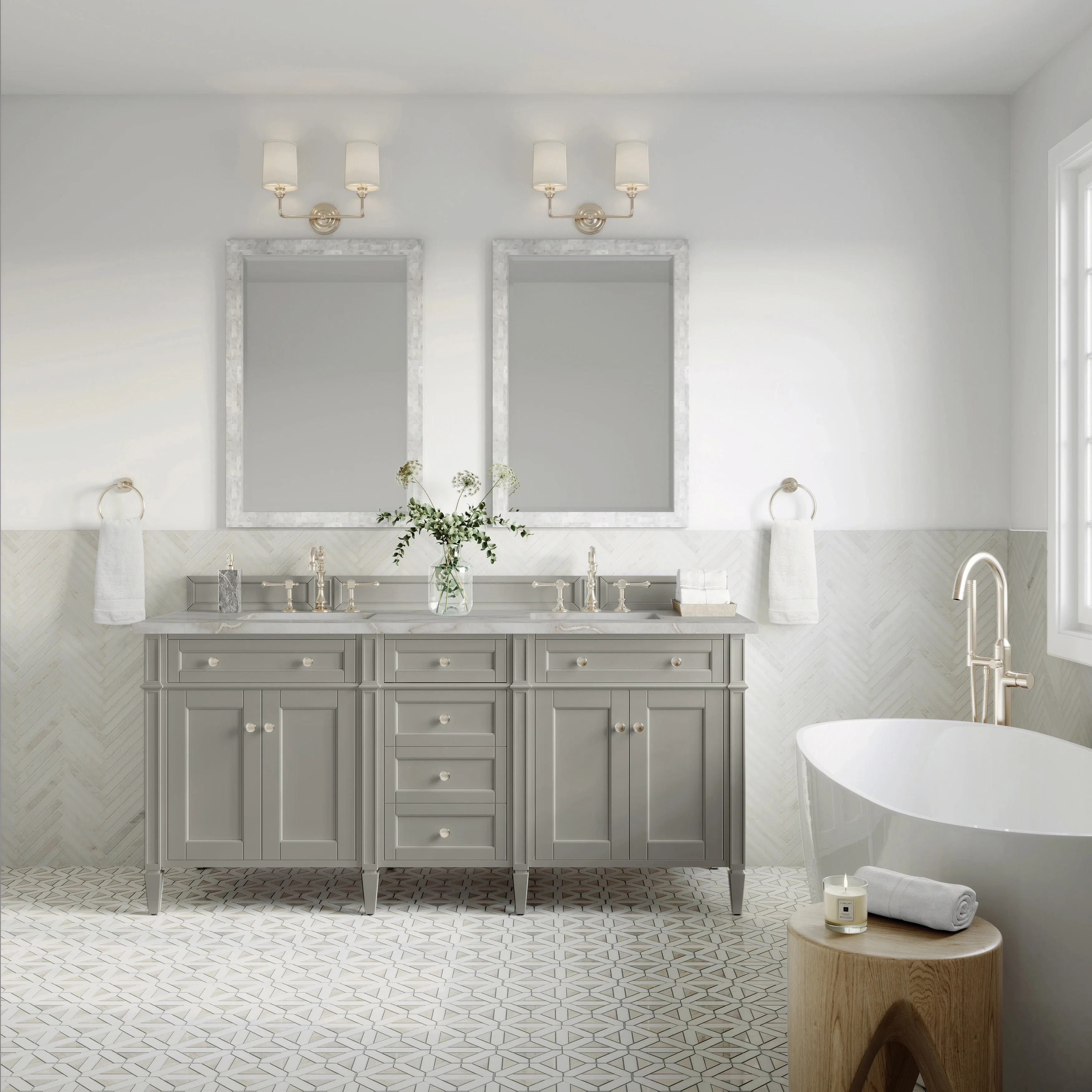 Brittany 72" Double Vanity, Urban Gray w/ 3 CM Victorian Silver Silestone Top