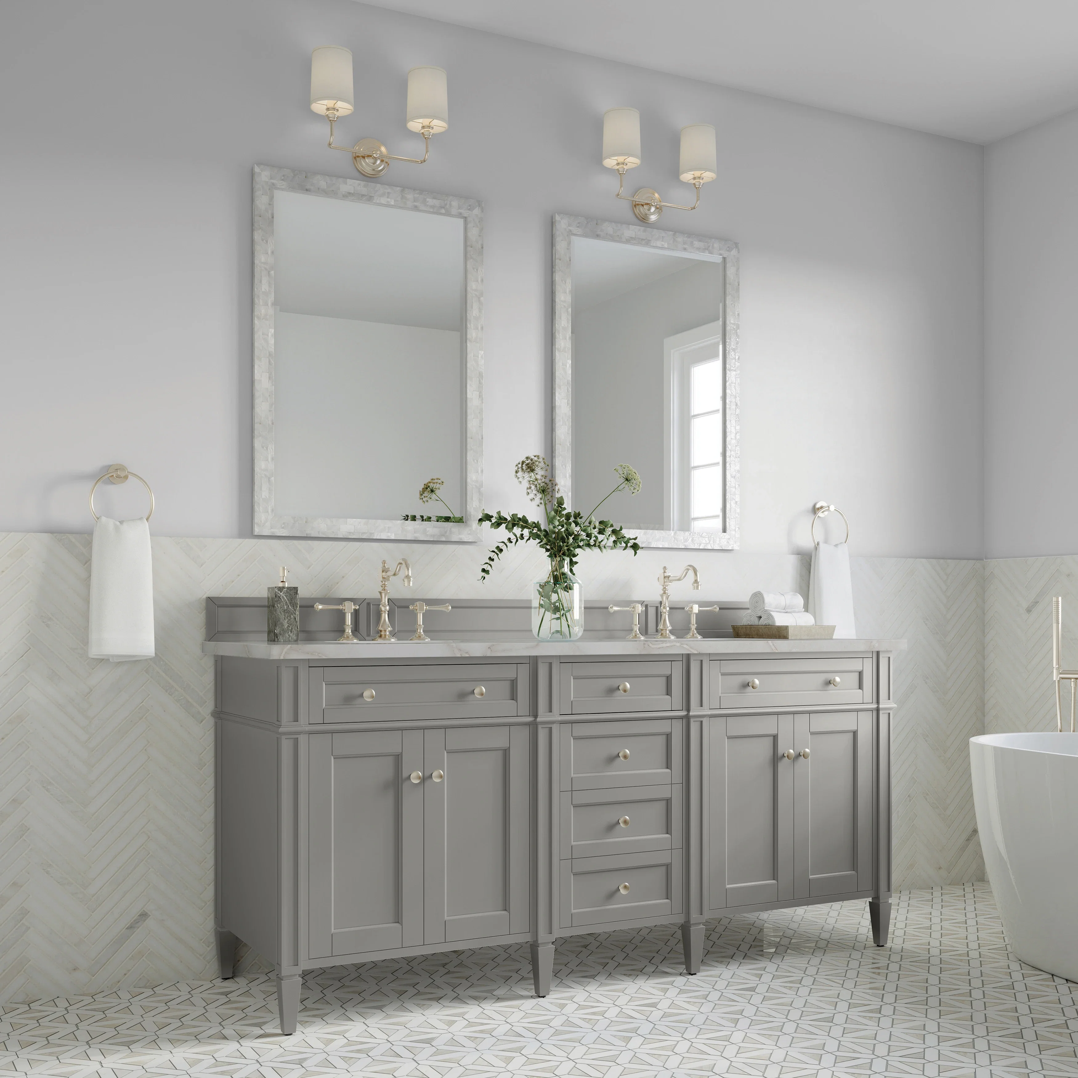 Brittany 72" Double Vanity, Urban Gray w/ 3 CM Victorian Silver Silestone Top