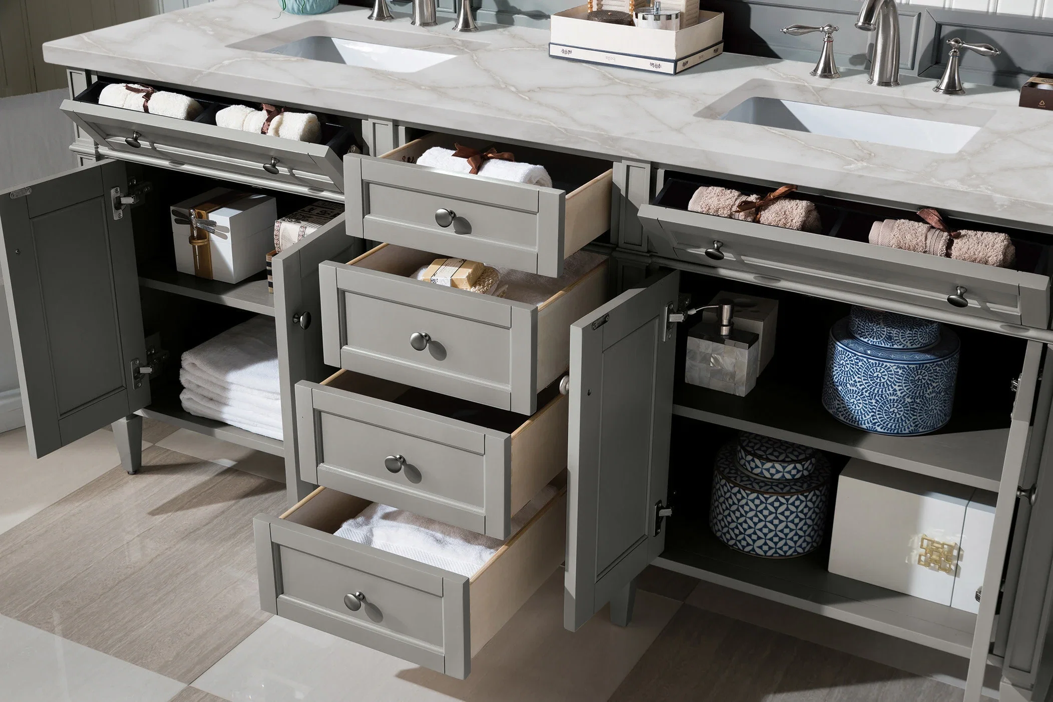 Brittany 72" Double Vanity, Urban Gray w/ 3 CM Victorian Silver Silestone Top