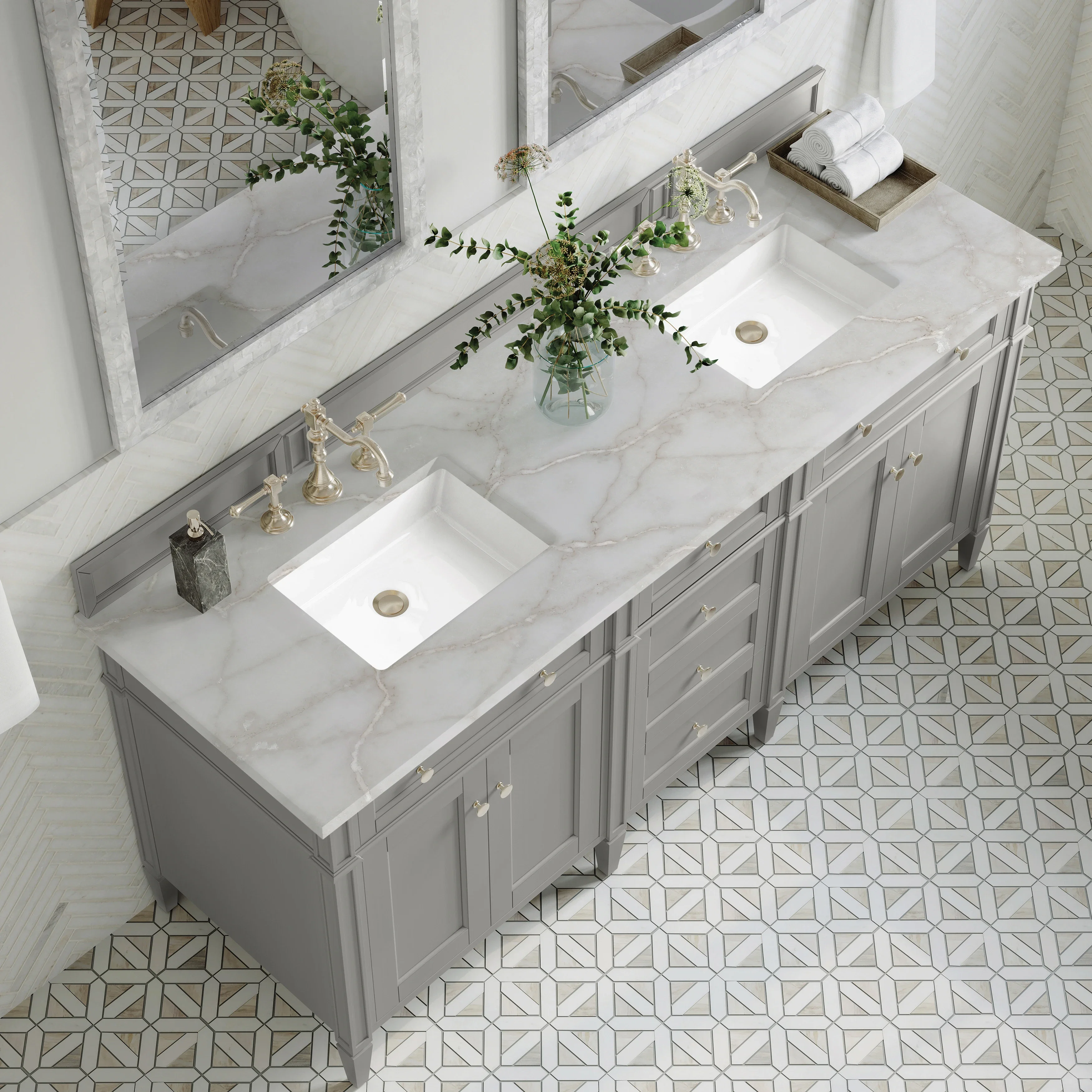 Brittany 72" Double Vanity, Urban Gray w/ 3 CM Victorian Silver Silestone Top