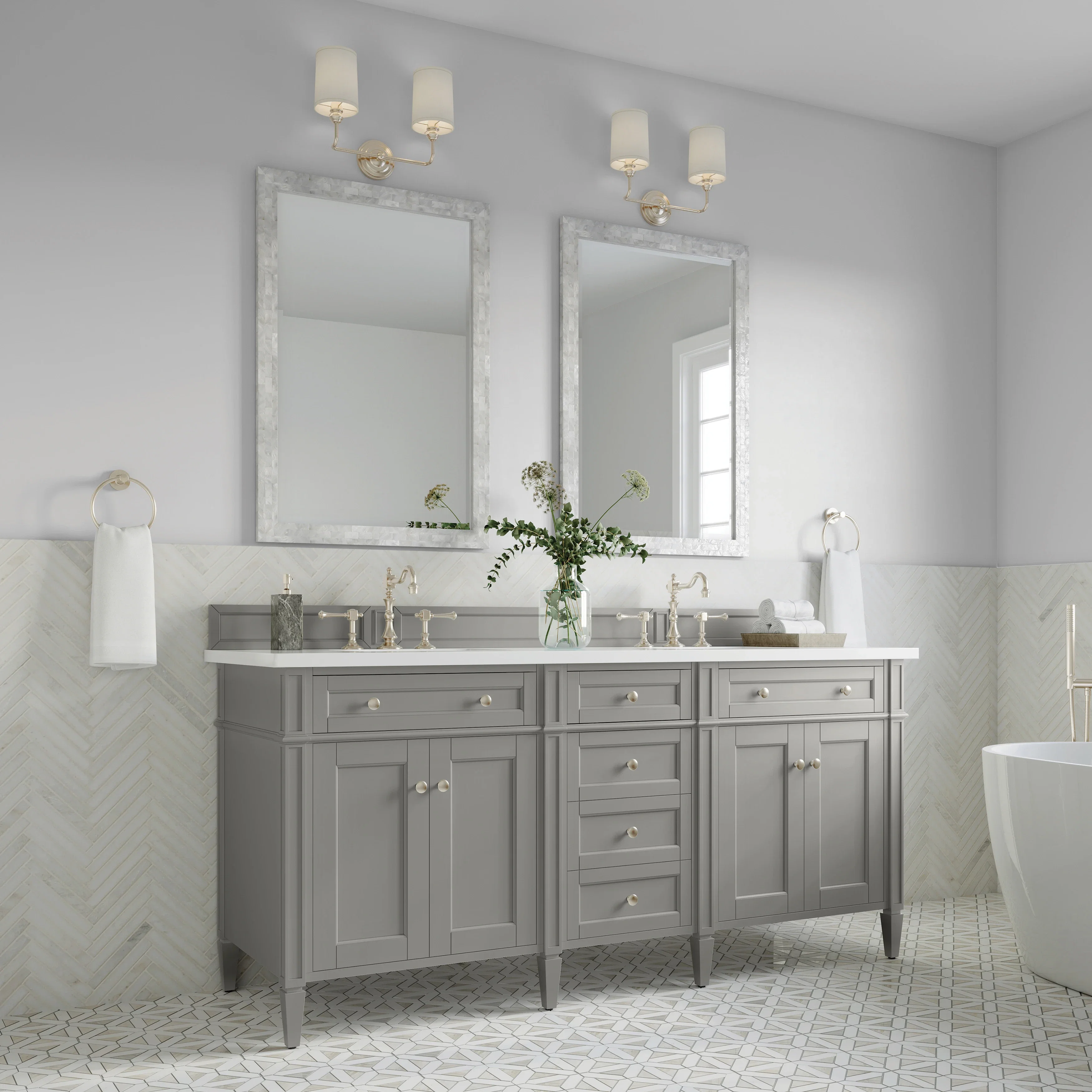 Brittany 72" Double Vanity, Urban Gray w/ 3 CM White Zeus Silestone Top