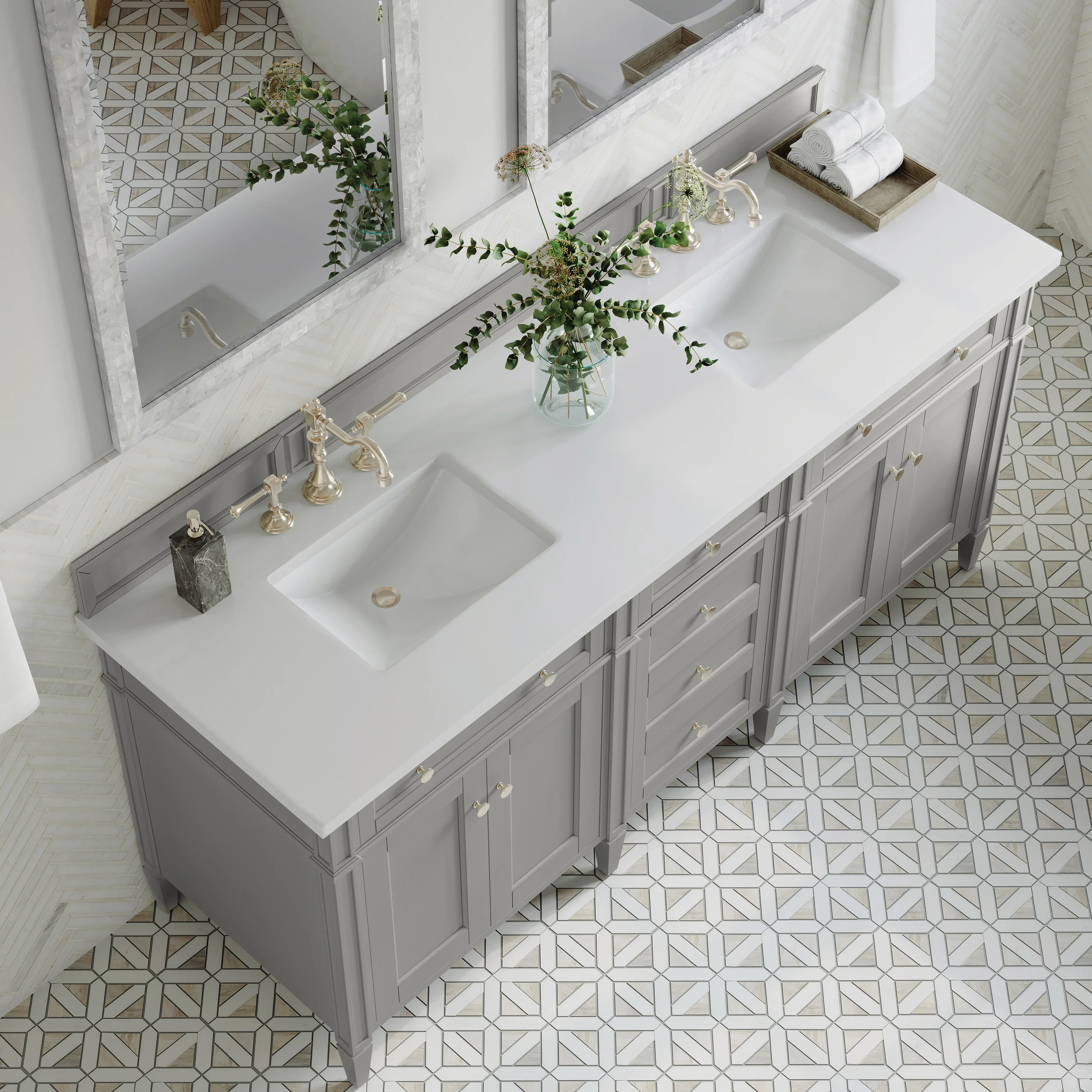 Brittany 72" Double Vanity, Urban Gray w/ 3 CM White Zeus Silestone Top
