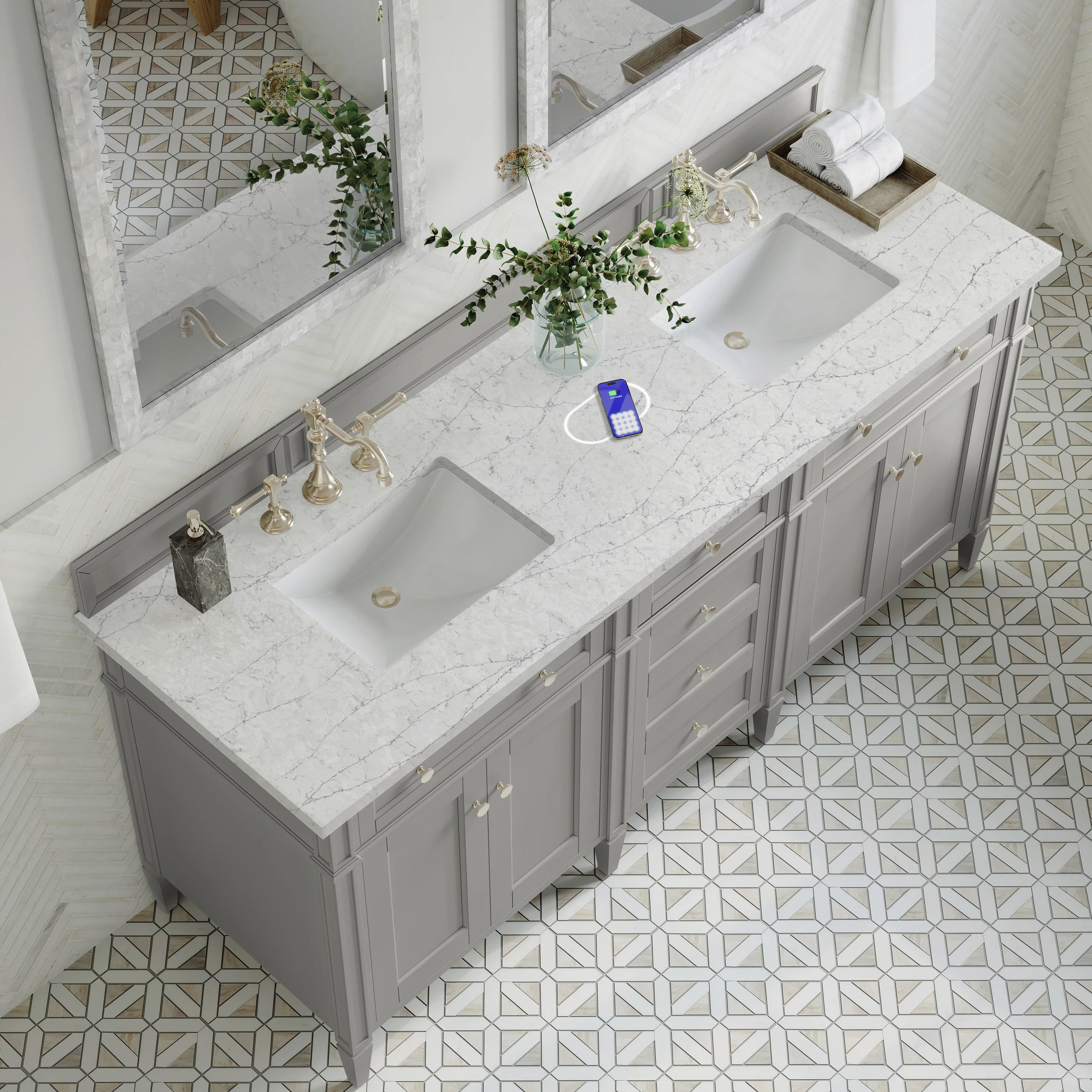 Brittany 72" Double Vanity, Urban Gray w/ 3 CM Eternal Jasmine Pearl Silestone Top w/FreePower Wireless Charger
