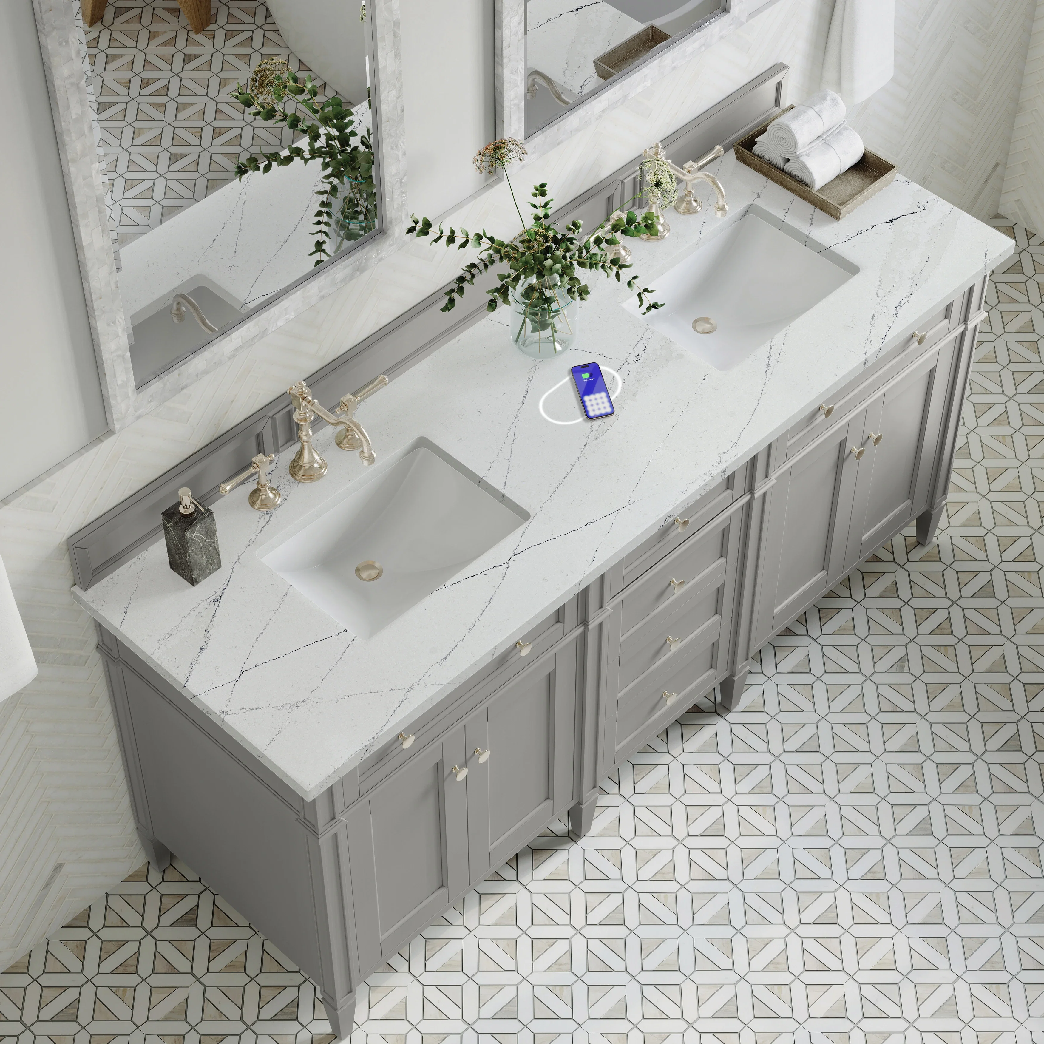 Brittany 72" Double Vanity, Urban Gray w/ 3 CM Ethereal Noctis Silestone Top w/FreePower Wireless Charger