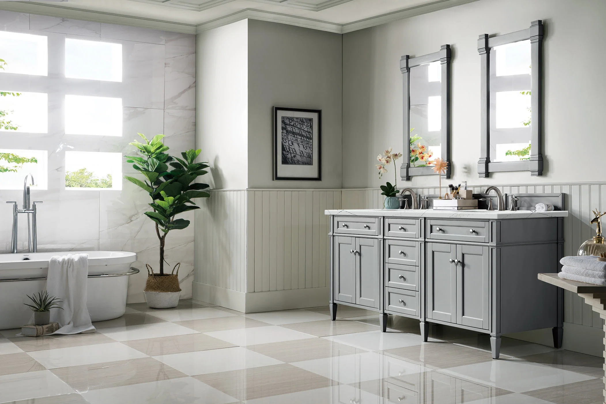 Brittany 72" Double Vanity, Urban Gray w/ 3 CM Ethereal Noctis Silestone Top w/FreePower Wireless Charger