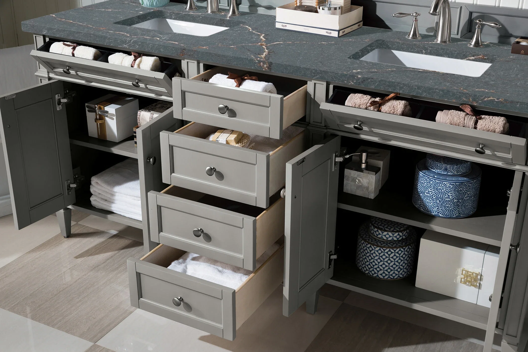 Brittany 72" Double Vanity, Urban Gray w/ 3 CM Parisien Bleu Silestone Top w/FreePower Wireless Charger