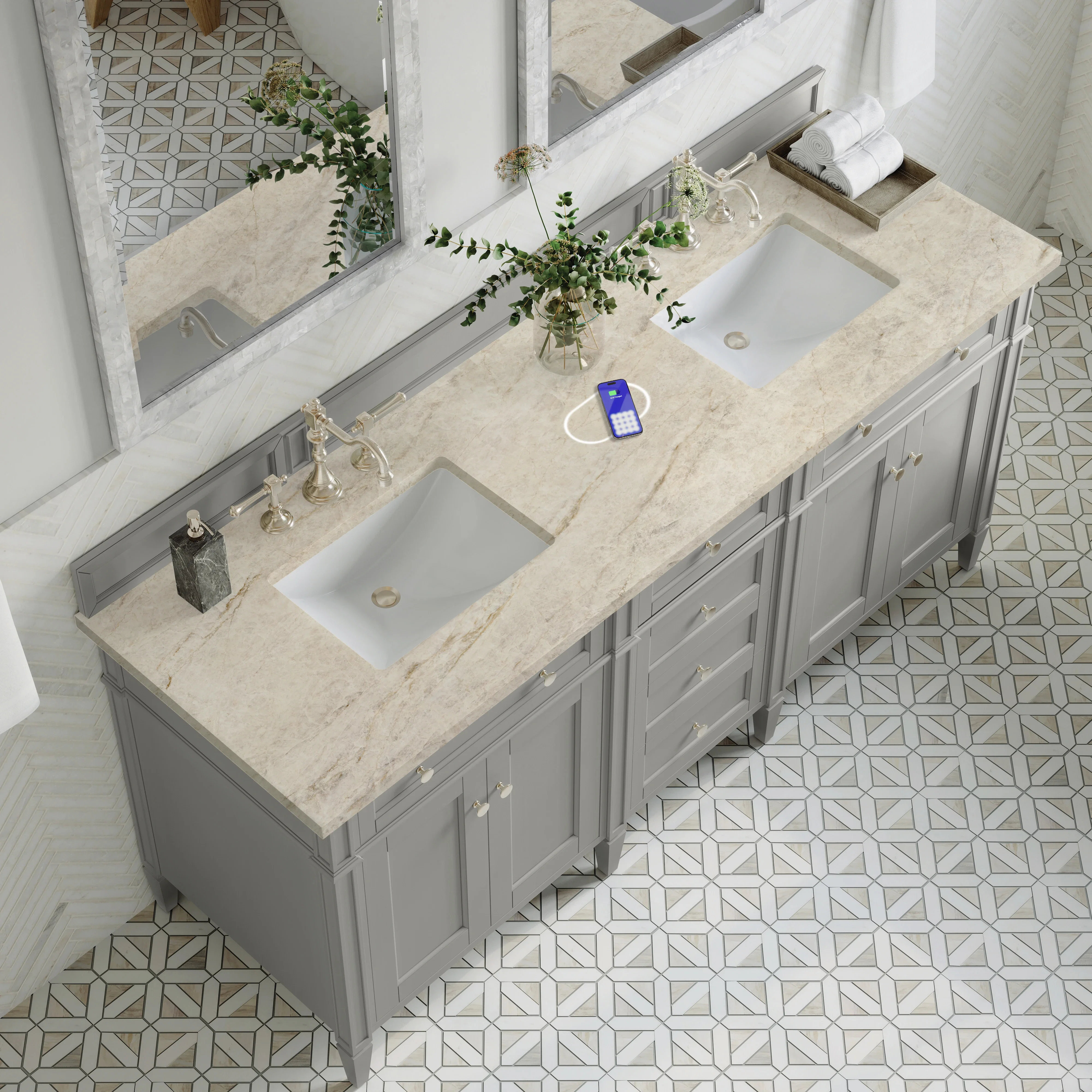 Brittany 72" Double Vanity, Urban Gray, w/ 3 CM Tajnar Eclos Top w/FreePower Wireless Charger
