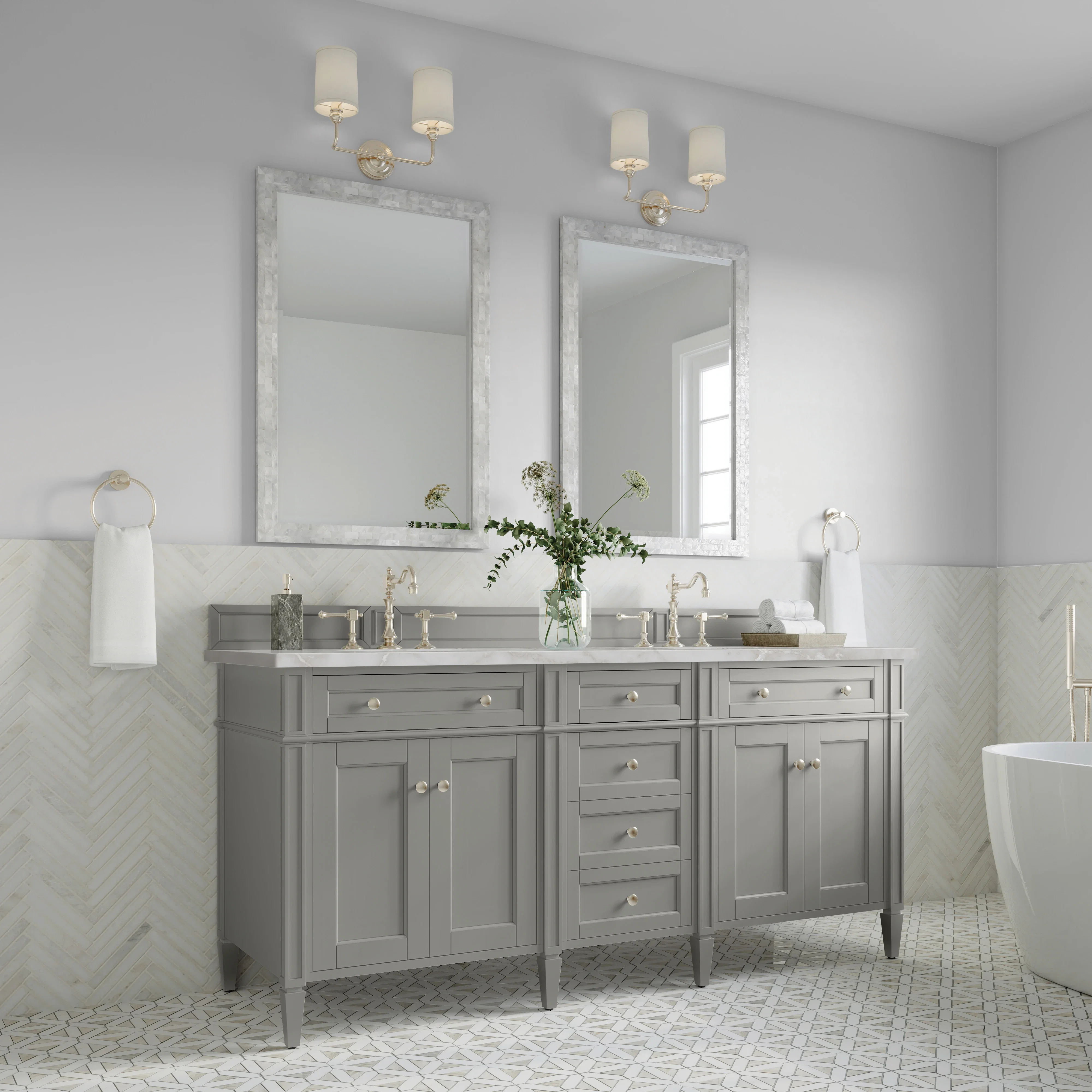 Brittany 72" Double Vanity, Urban Gray w/ 3 CM Victorian Silver Silestone Top w/FreePower Wireless Charger