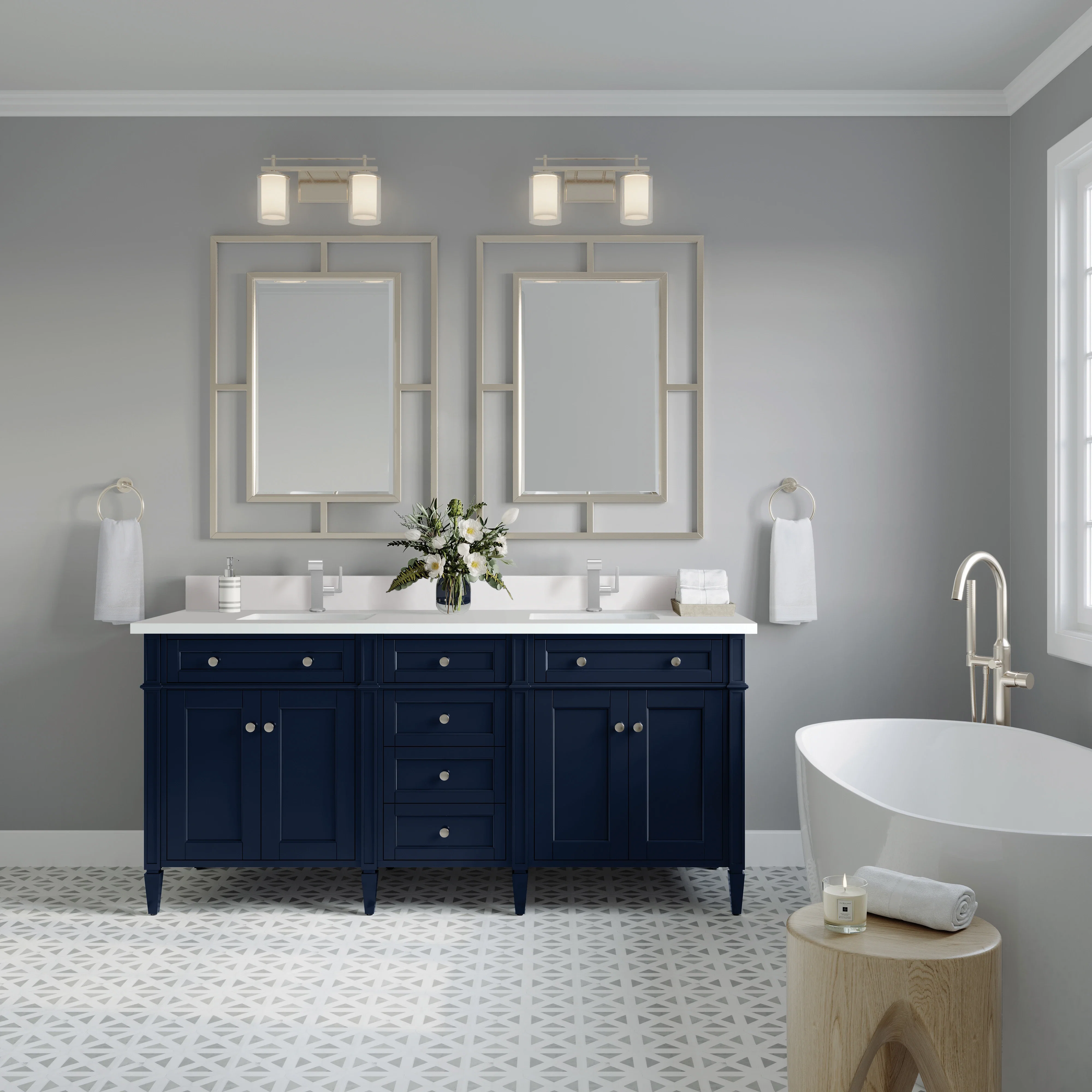 Brittany 72" Double Vanity, Victory Bleu w/ Single Hole 3 CM White Zeus Silestone Top & Backsplash