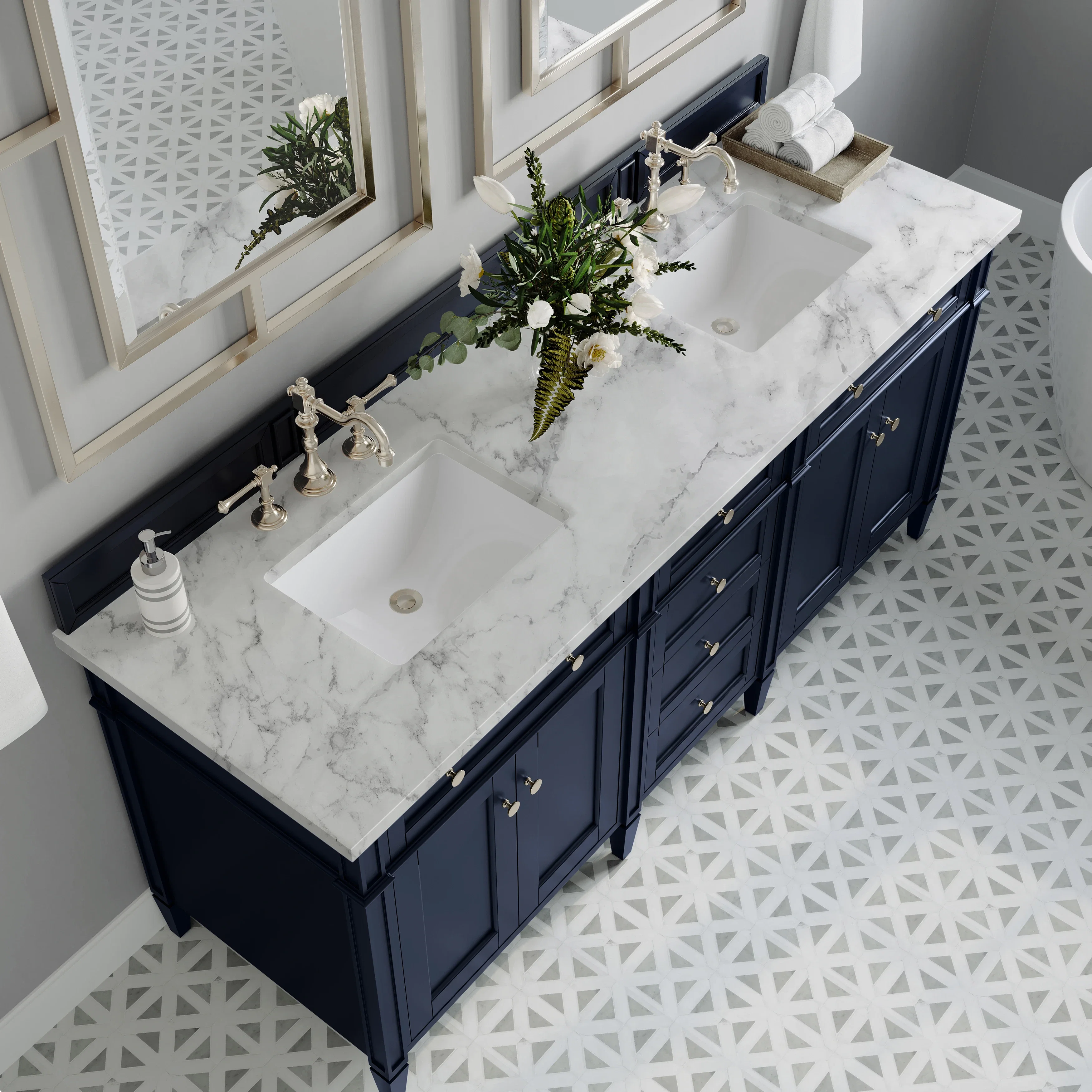 Brittany 72" Double Vanity, Victory Blue w/ 3 CM Carrara Marble Top