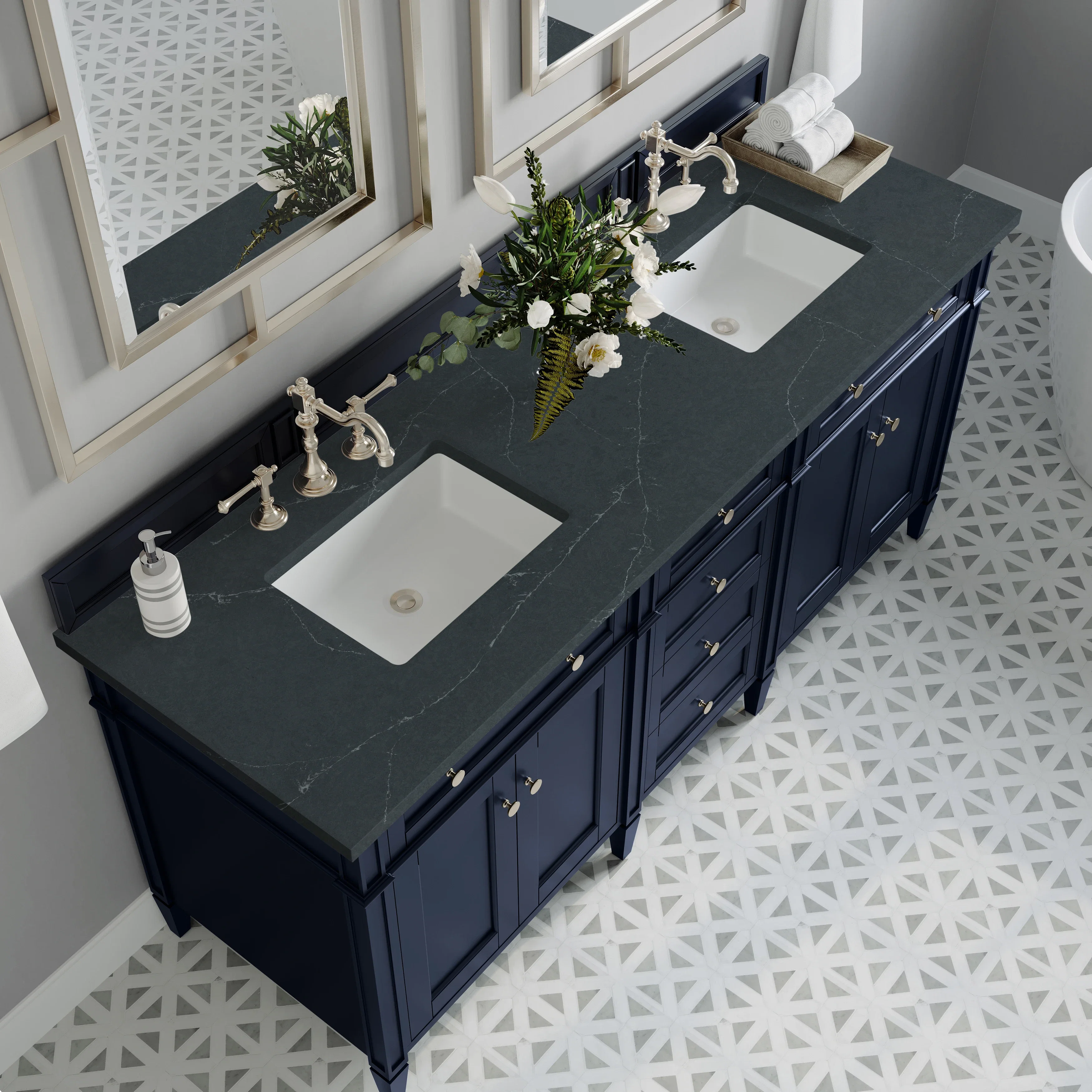 Brittany 72" Double Vanity, Victory Blue w/ 3 CM Charcoal Soapstone Silestone Top