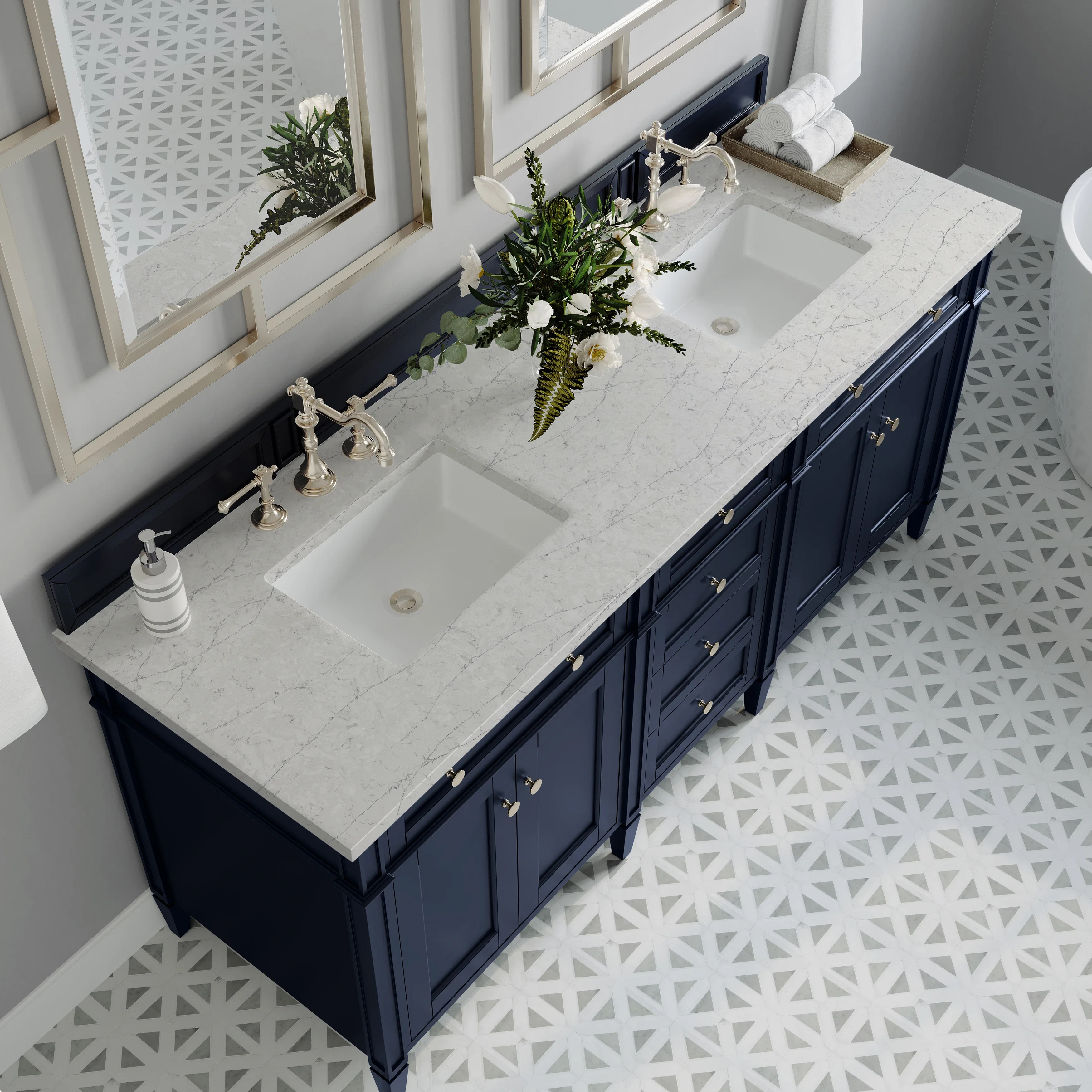 Brittany 72" Double Vanity, Victory Blue w/ 3 CM Eternal Jasmine Pearl Silestone Top