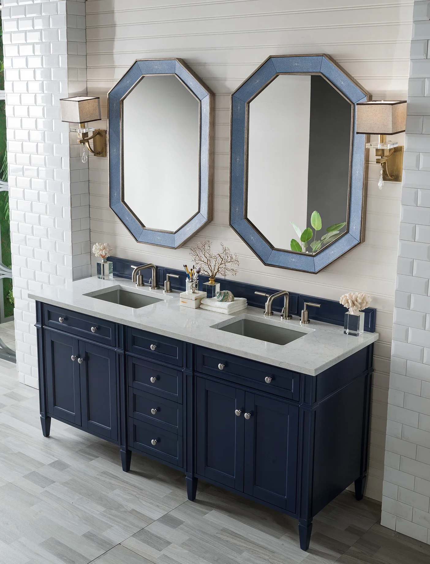 Brittany 72" Double Vanity, Victory Blue w/ 3 CM Eternal Jasmine Pearl Silestone Top