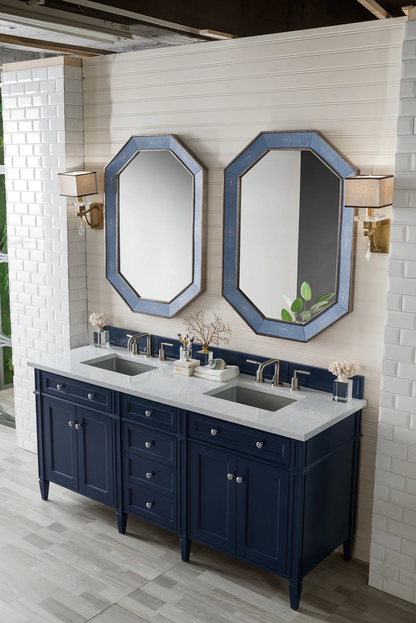 Brittany 72" Double Vanity, Victory Blue w/ 3 CM Eternal Jasmine Pearl Silestone Top