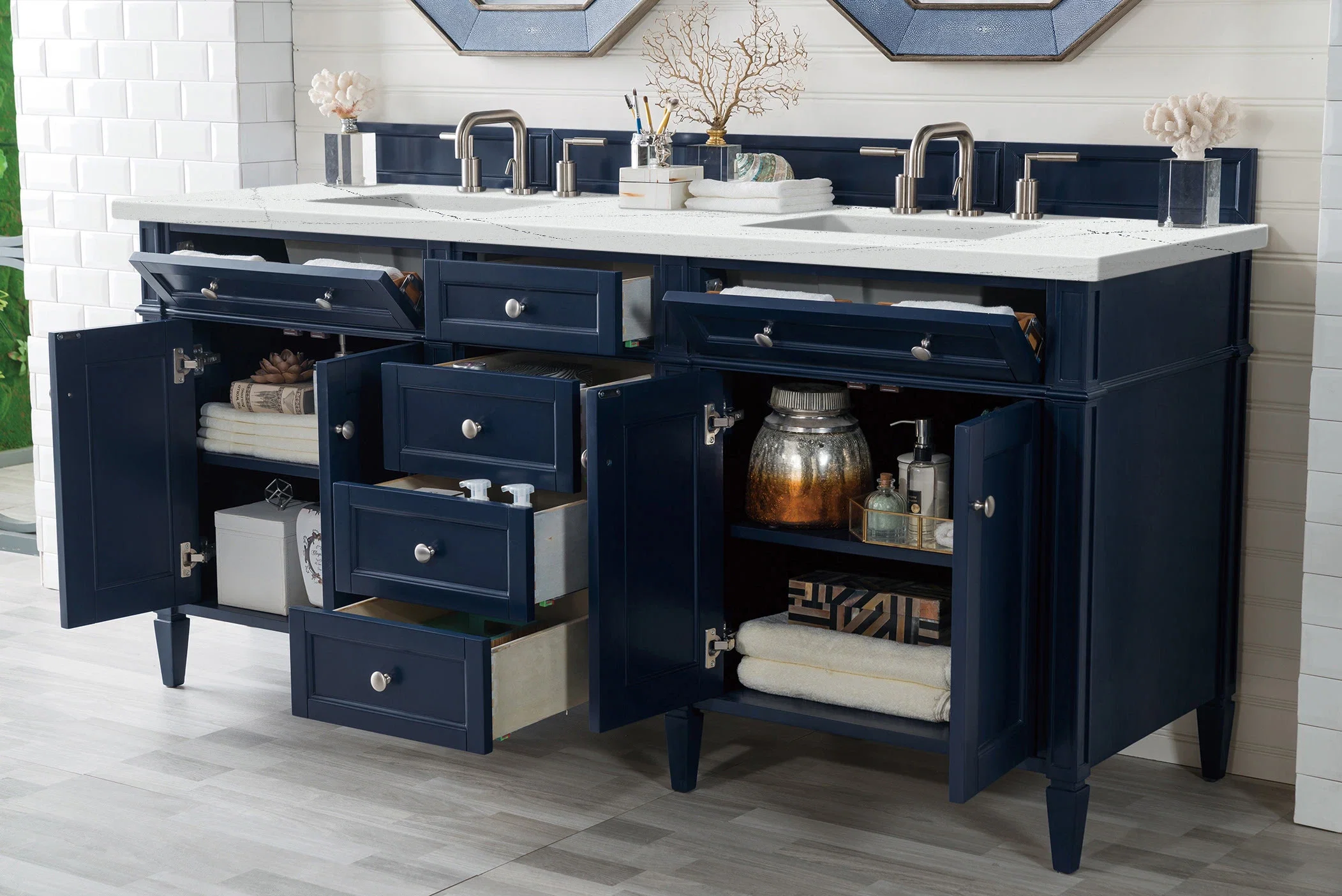 Brittany 72" Double Vanity, Victory Blue w/ 3 CM Ethereal Noctis Silestone Top