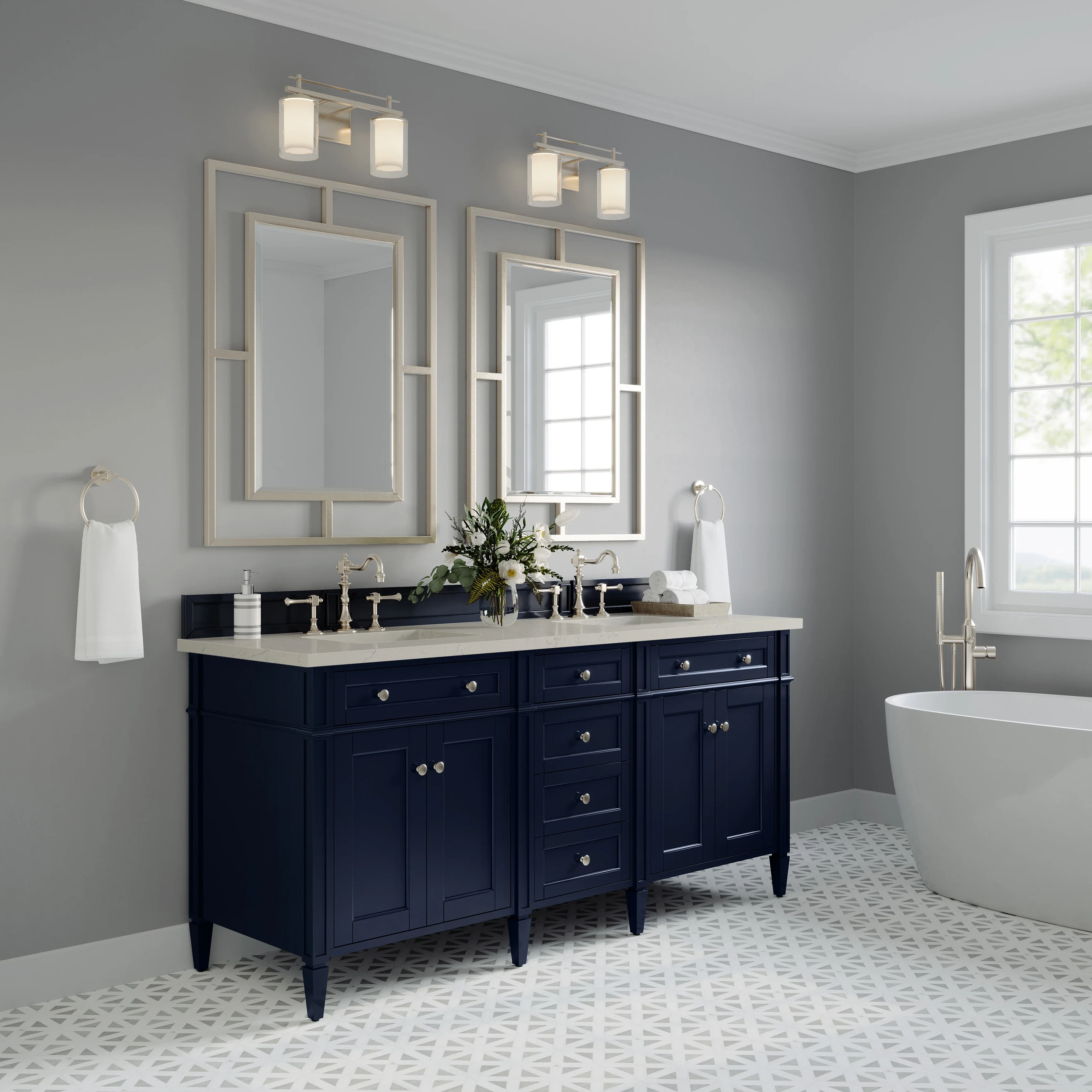 Brittany 72" Double Vanity, Victory Blue, w/ 3 CM Siberian Silestone Top