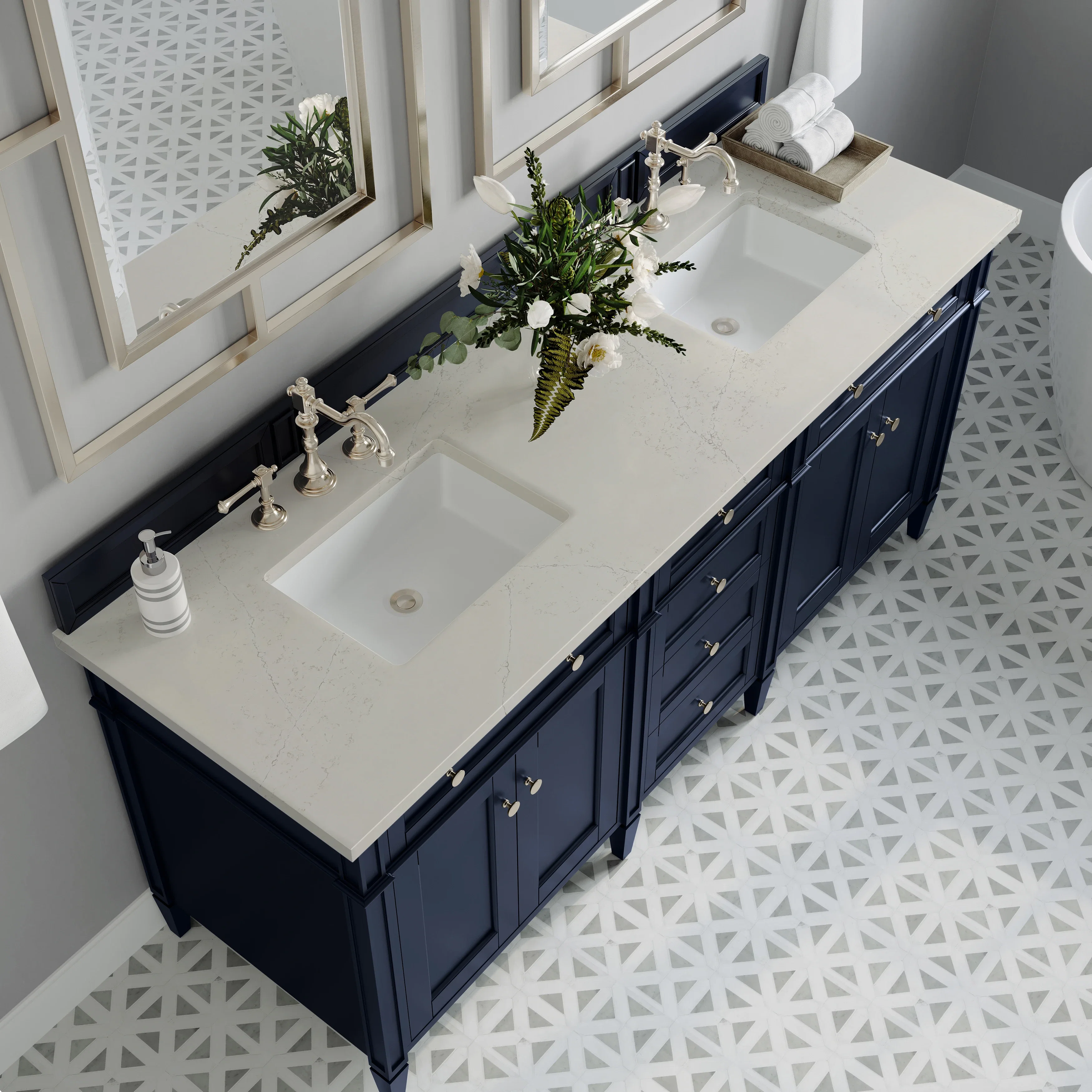 Brittany 72" Double Vanity, Victory Blue, w/ 3 CM Siberian Silestone Top