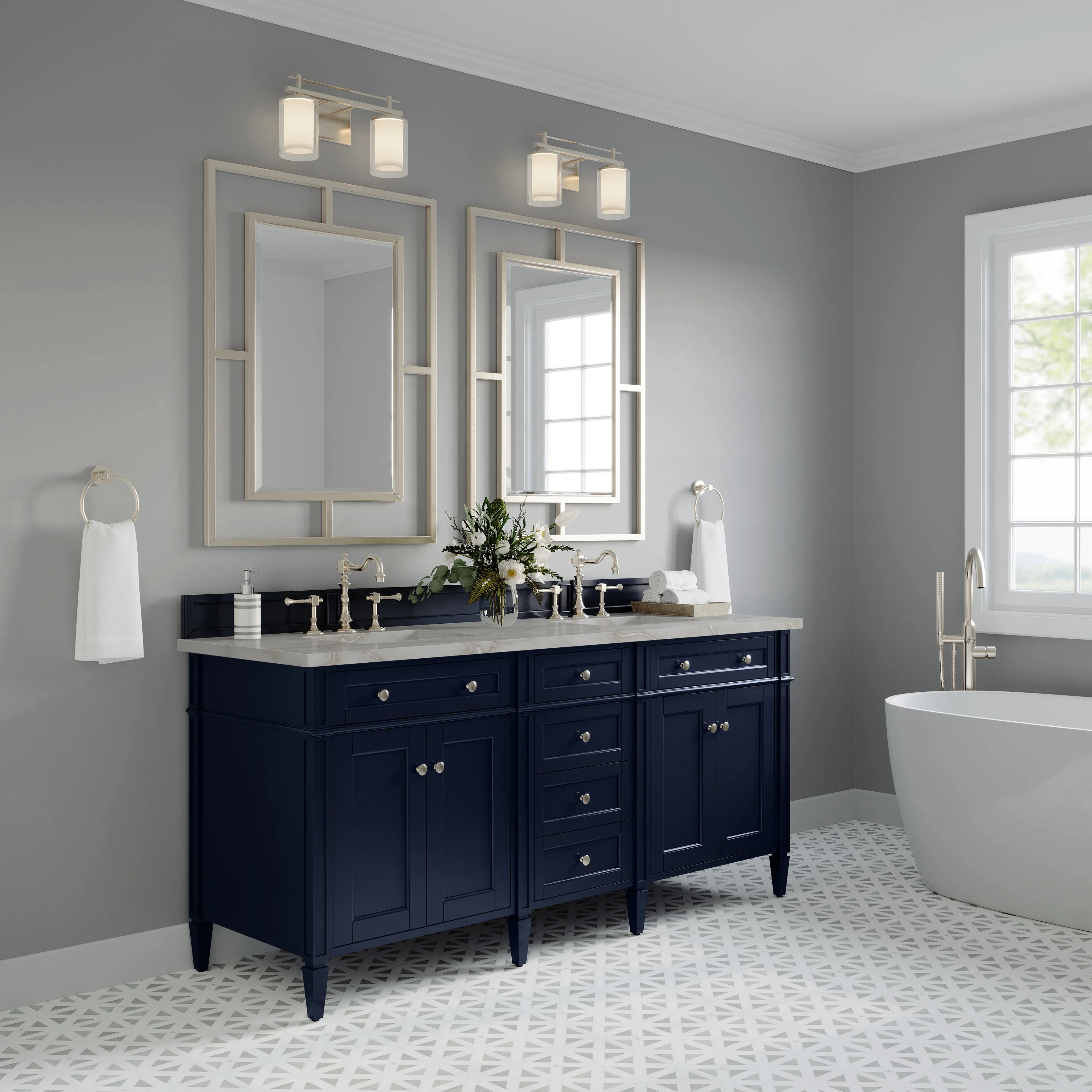 Brittany 72" Double Vanity, Victory Bleu w/ 3 CM Victorian Silver Silestone Top
