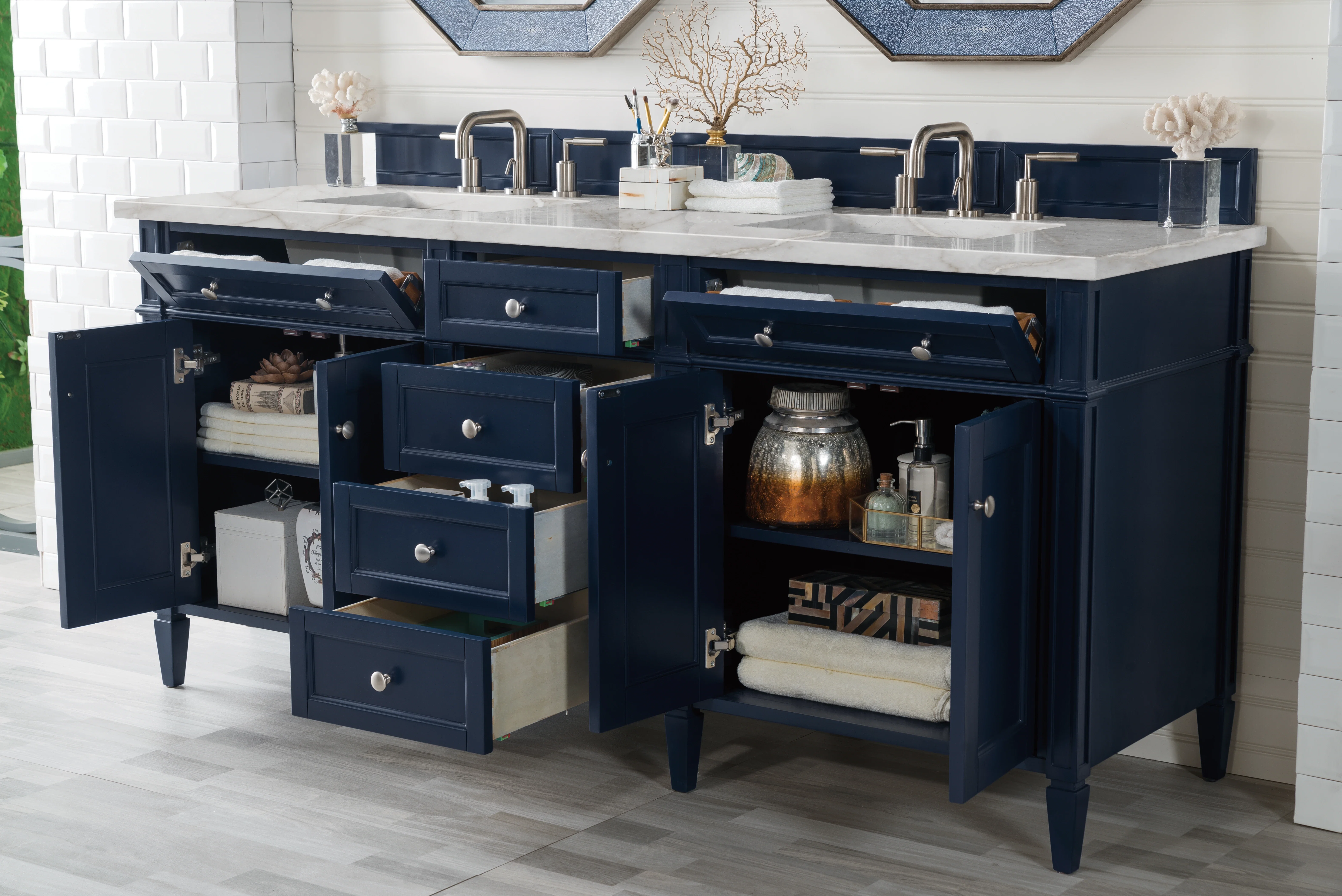 Brittany 72" Double Vanity, Victory Bleu w/ 3 CM Victorian Silver Silestone Top