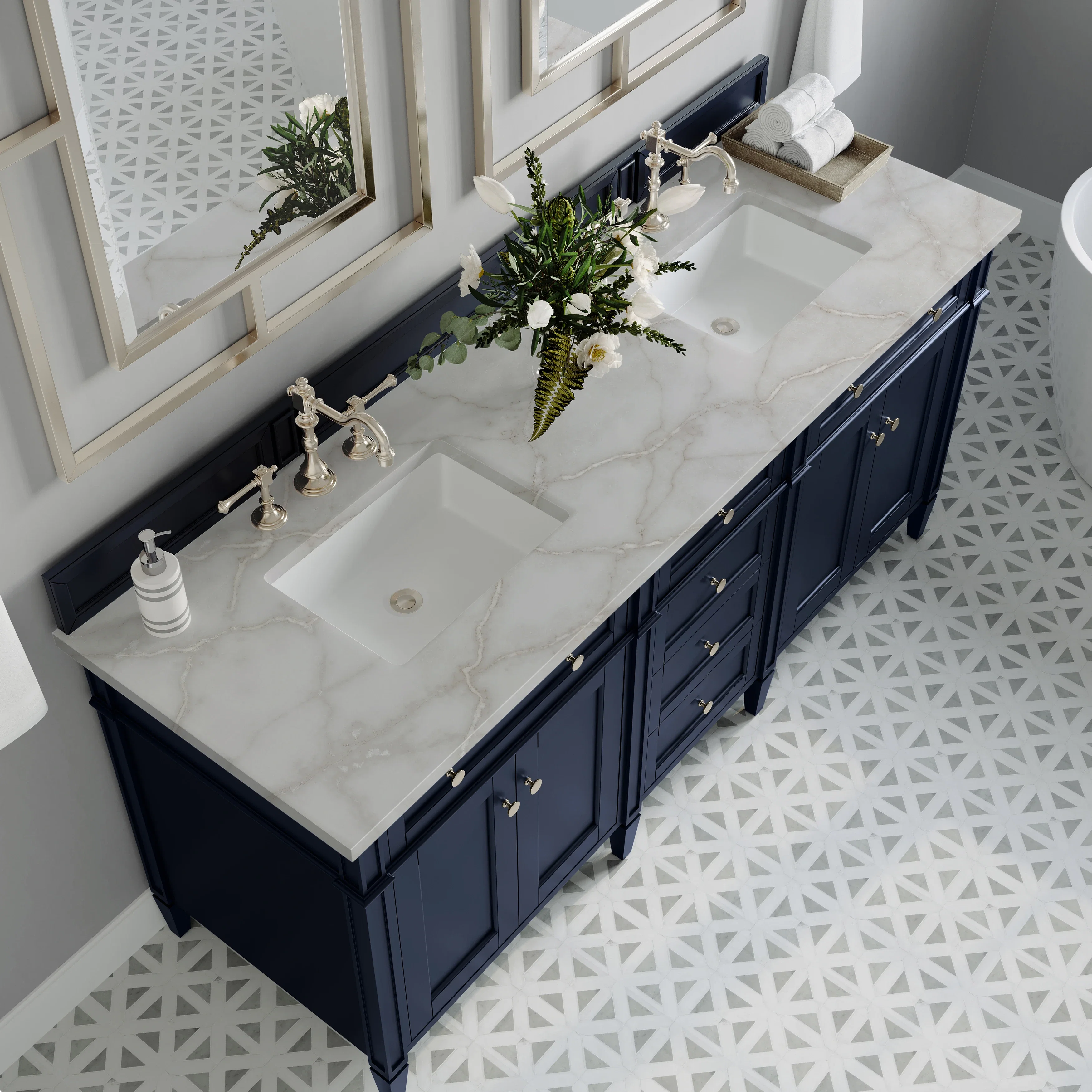 Brittany 72" Double Vanity, Victory Bleu w/ 3 CM Victorian Silver Silestone Top