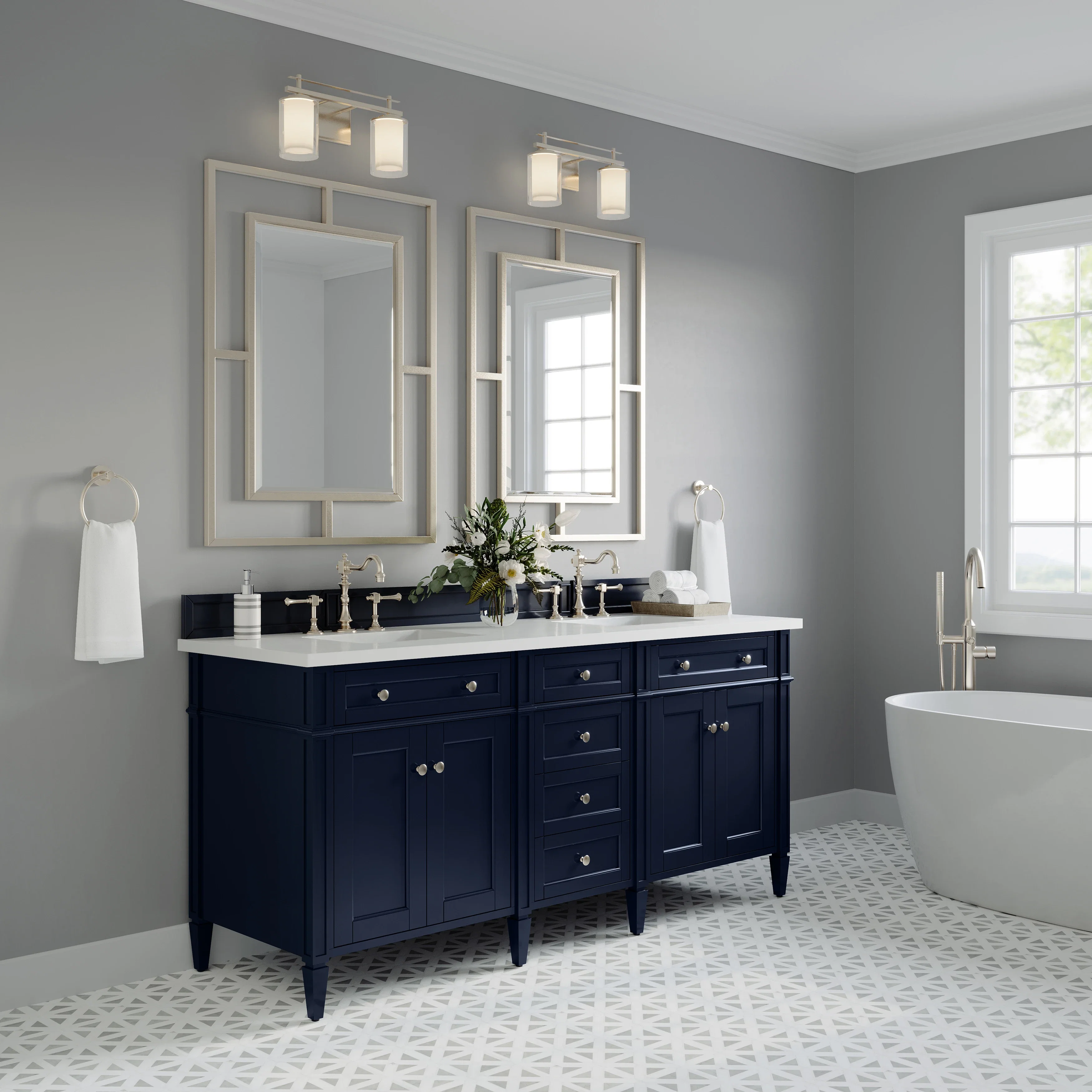 Brittany 72" Double Vanity, Victory Blue w/ 3 CM White Zeus Silestone Top