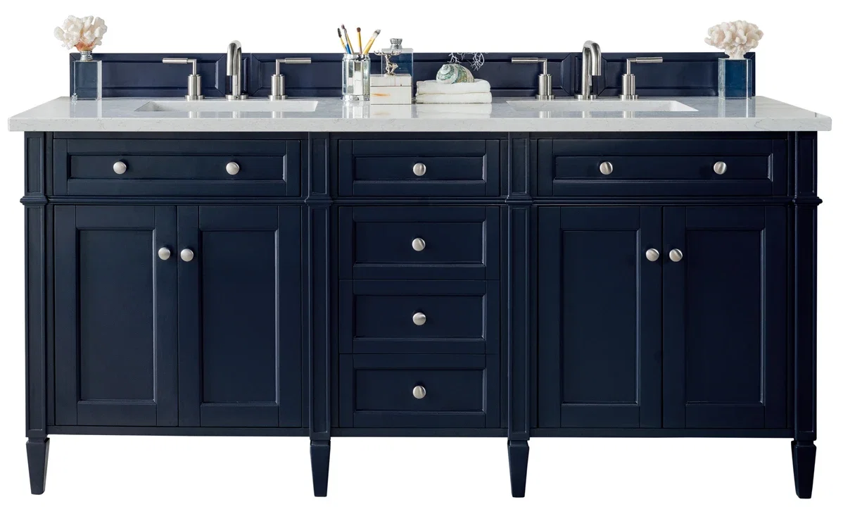 Brittany 72" Double Vanity, Victory Blue w/ 3 CM Eternal Jasmine Pearl Silestone Top w/FreePower Wireless Charger