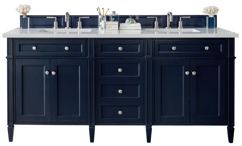 Brittany 72" Double Vanity, Victory Blue w/ 3 CM Eternal Jasmine Pearl Silestone Top w/FreePower Wireless Charger