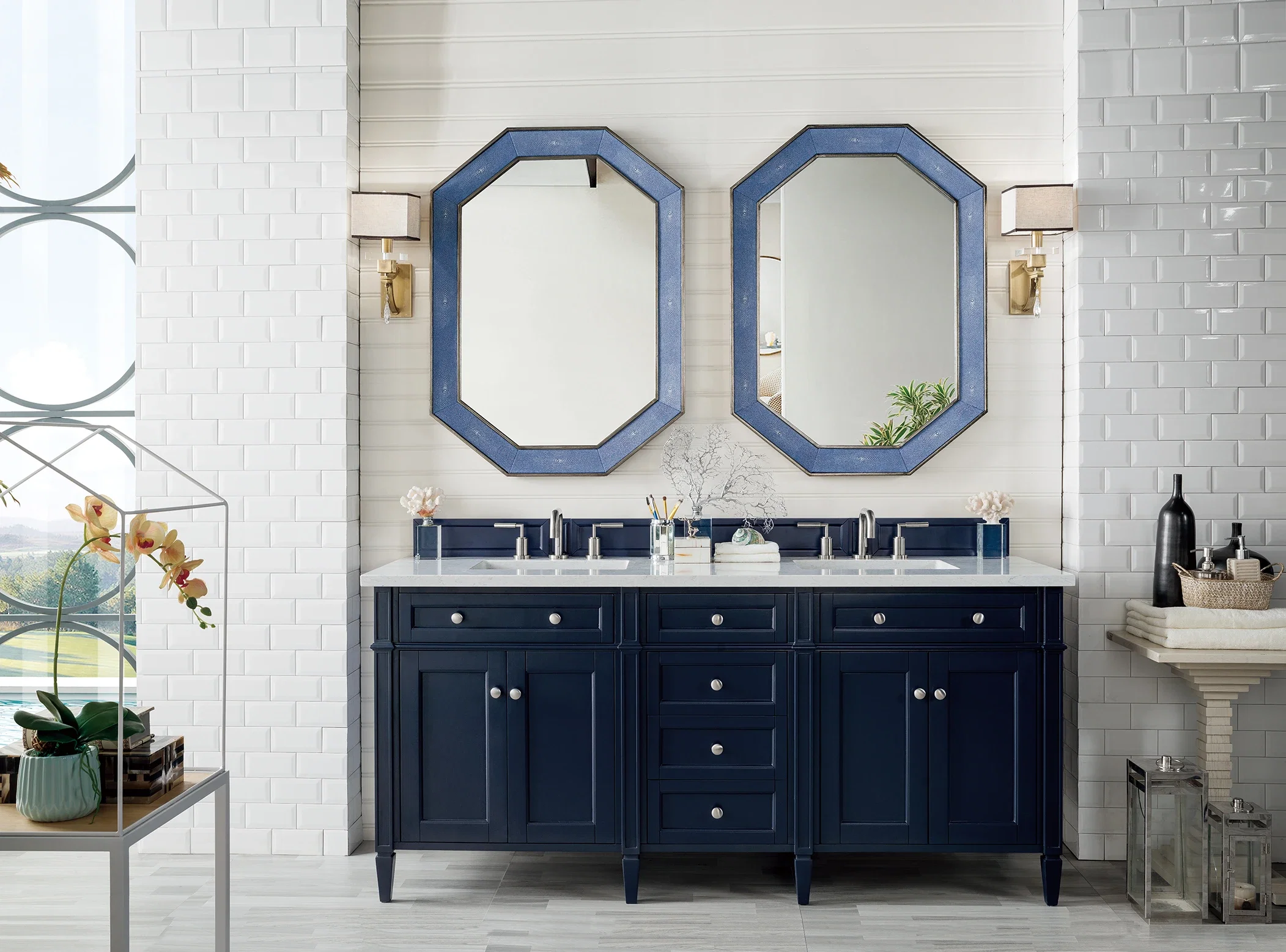 Brittany 72" Double Vanity, Victory Blue w/ 3 CM Eternal Jasmine Pearl Silestone Top w/FreePower Wireless Charger