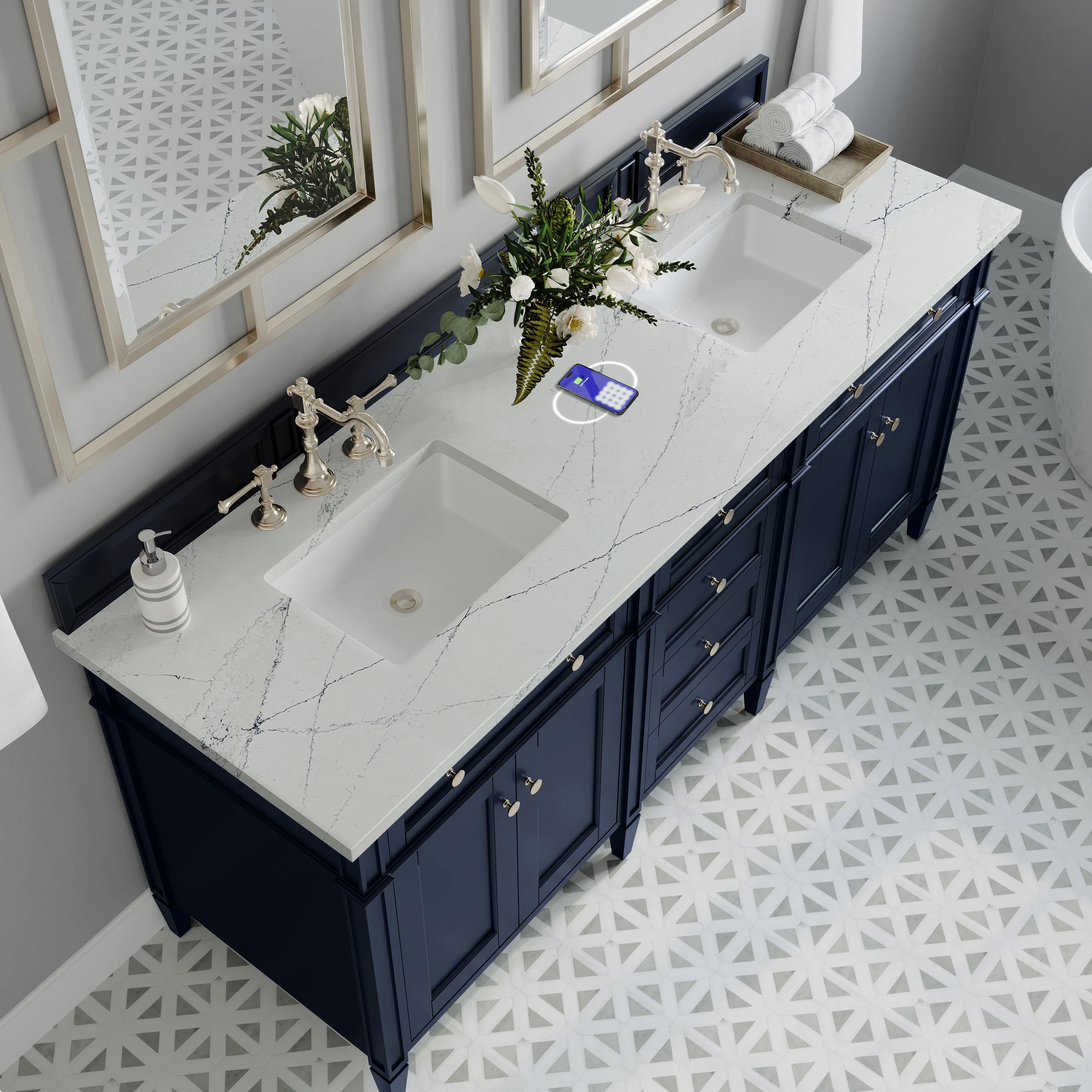 Brittany 72" Double Vanity, Victory Blue w/ 3 CM Ethereal Noctis Silestone Top w/FreePower Wireless Charger