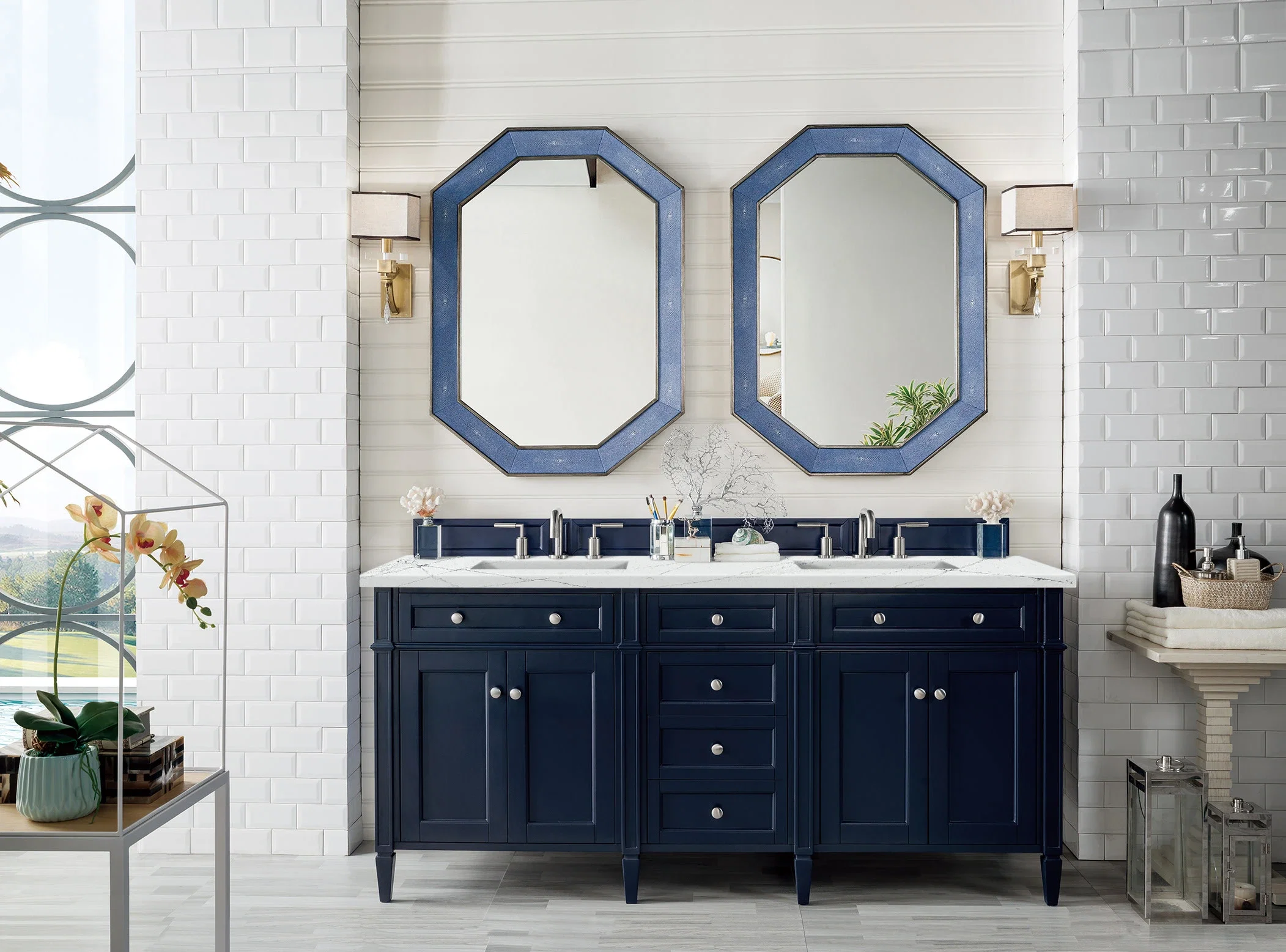 Brittany 72" Double Vanity, Victory Blue w/ 3 CM Ethereal Noctis Silestone Top w/FreePower Wireless Charger