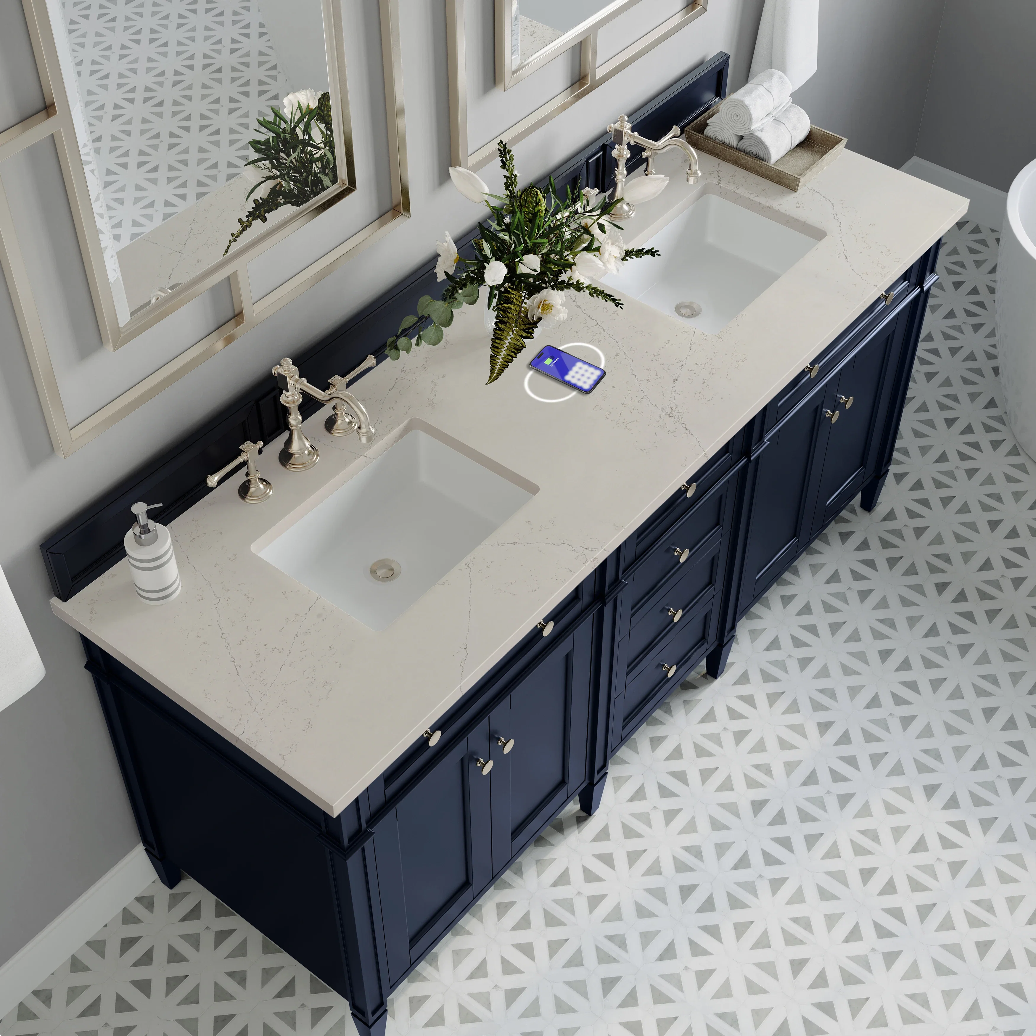 Brittany 72" Double Vanity, Victory Blue, w/ 3 CM Siberian Silestone Top w/FreePower Wireless Charger