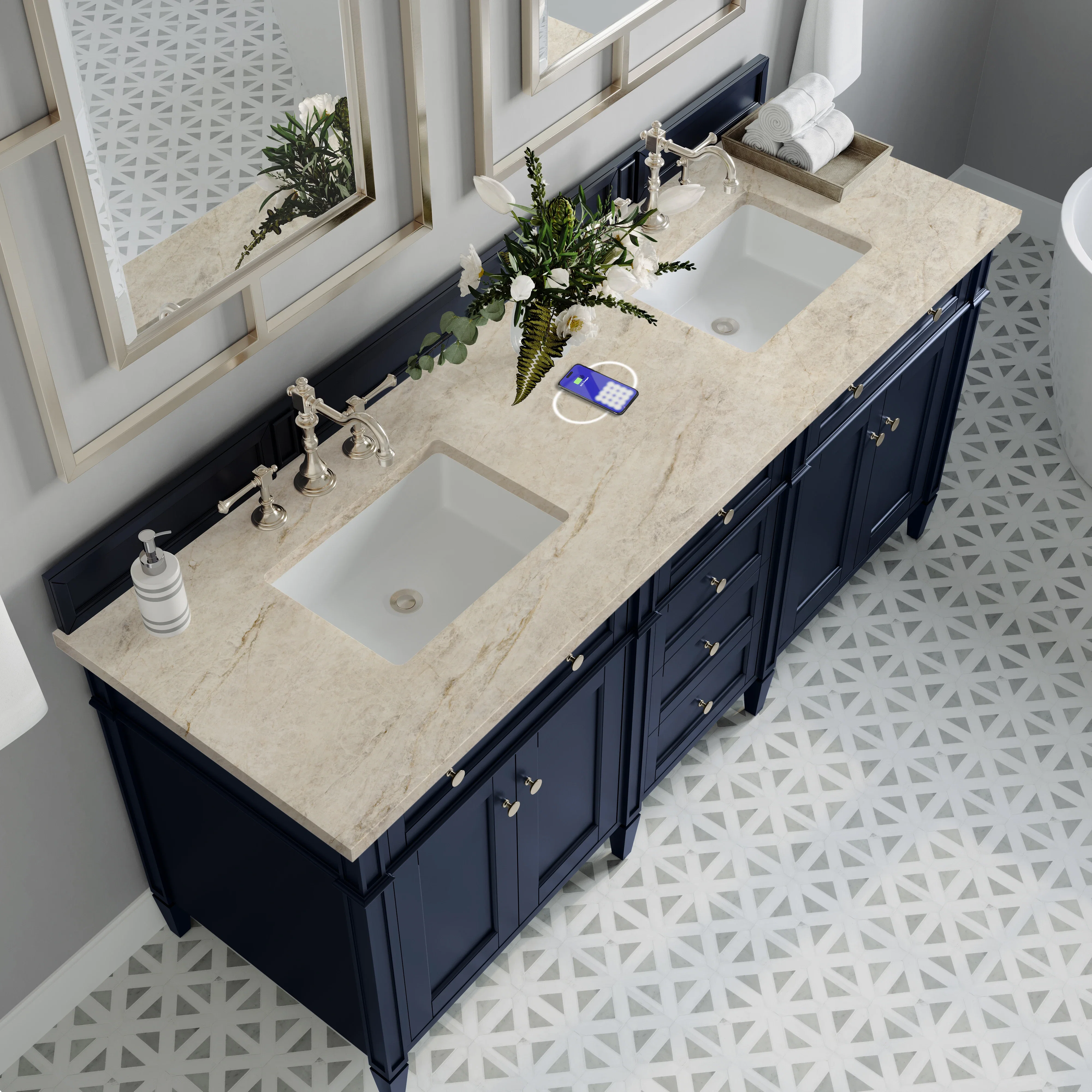 Brittany 72" Double Vanity, Victory Blue, w/ 3 CM Tajnar Eclos Top w/FreePower Wireless Charger