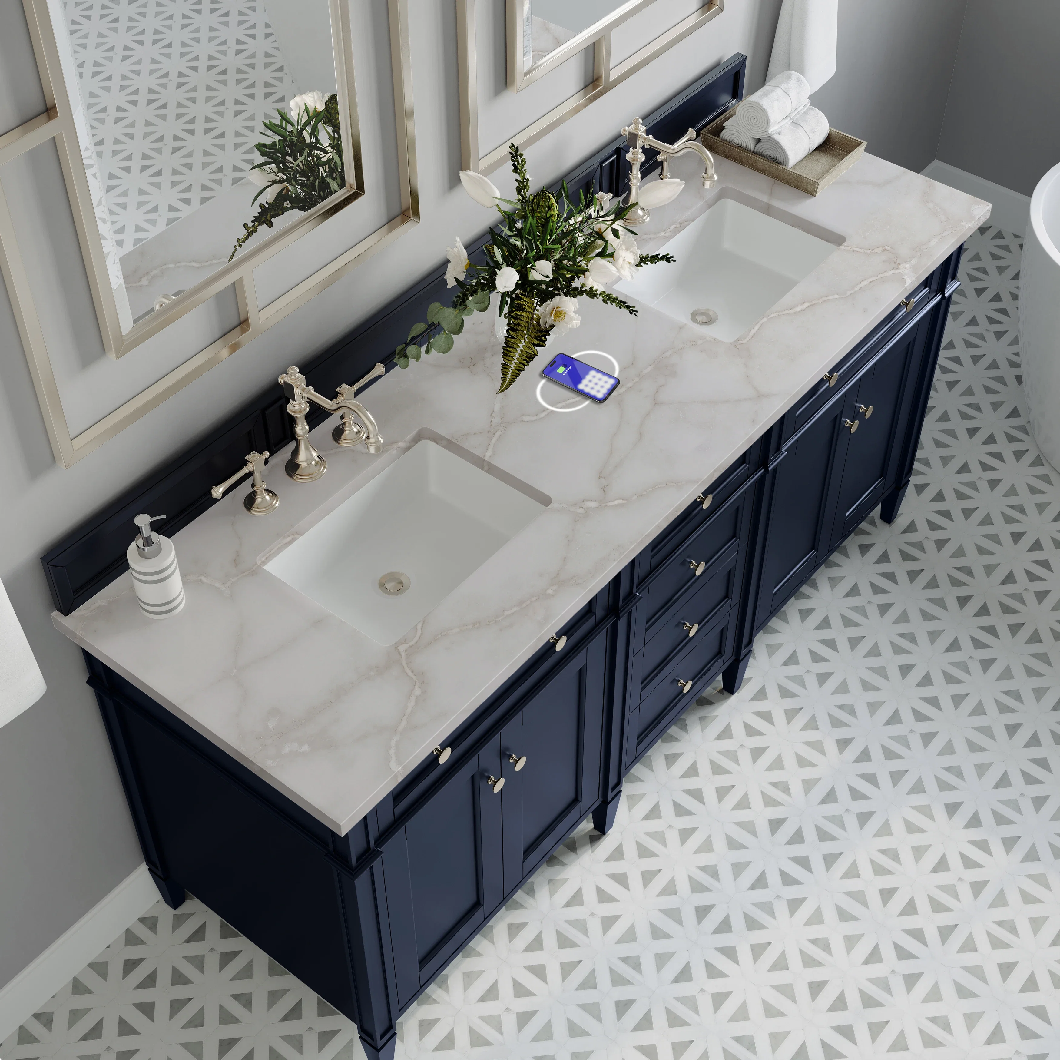 Brittany 72" Double Vanity, Victory Blue w/ 3 CM Victorian Silver Silestone Top w/FreePower Wireless Charger
