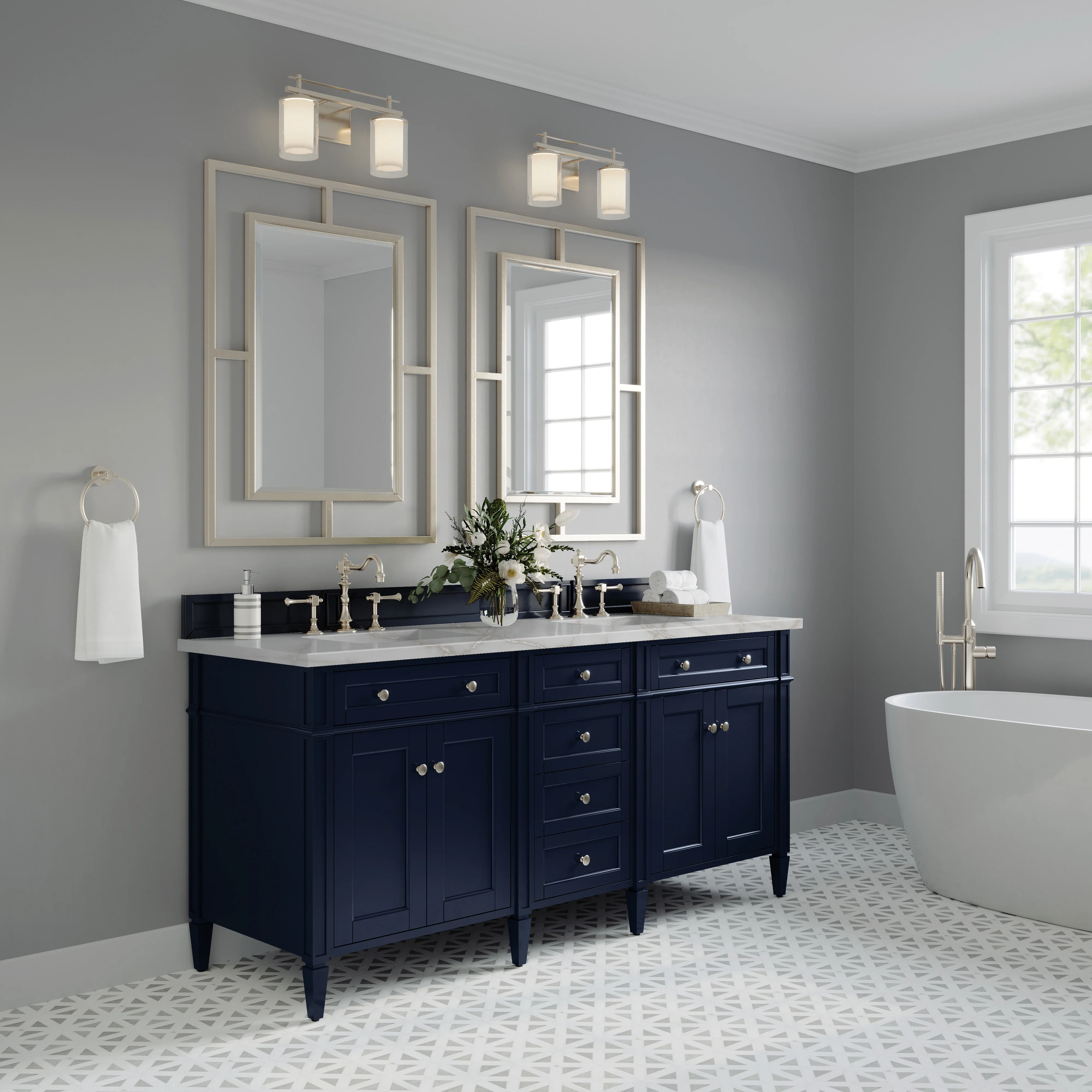 Brittany 72" Double Vanity, Victory Blue w/ 3 CM Victorian Silver Silestone Top w/FreePower Wireless Charger