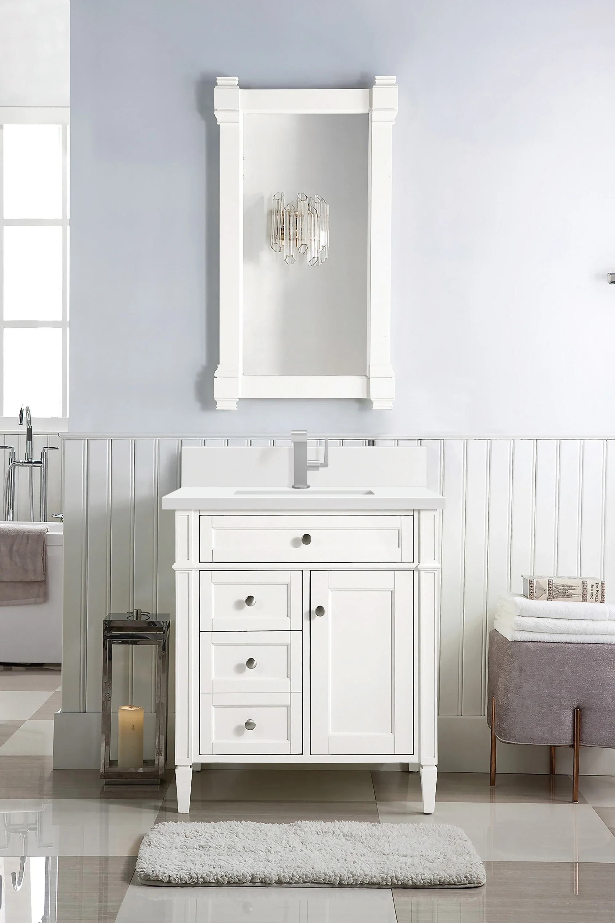 Brittany 30" Single Vanity, Bright White, w/ Single Hole 3 CM White Zeus Silestone Top & Backsplash