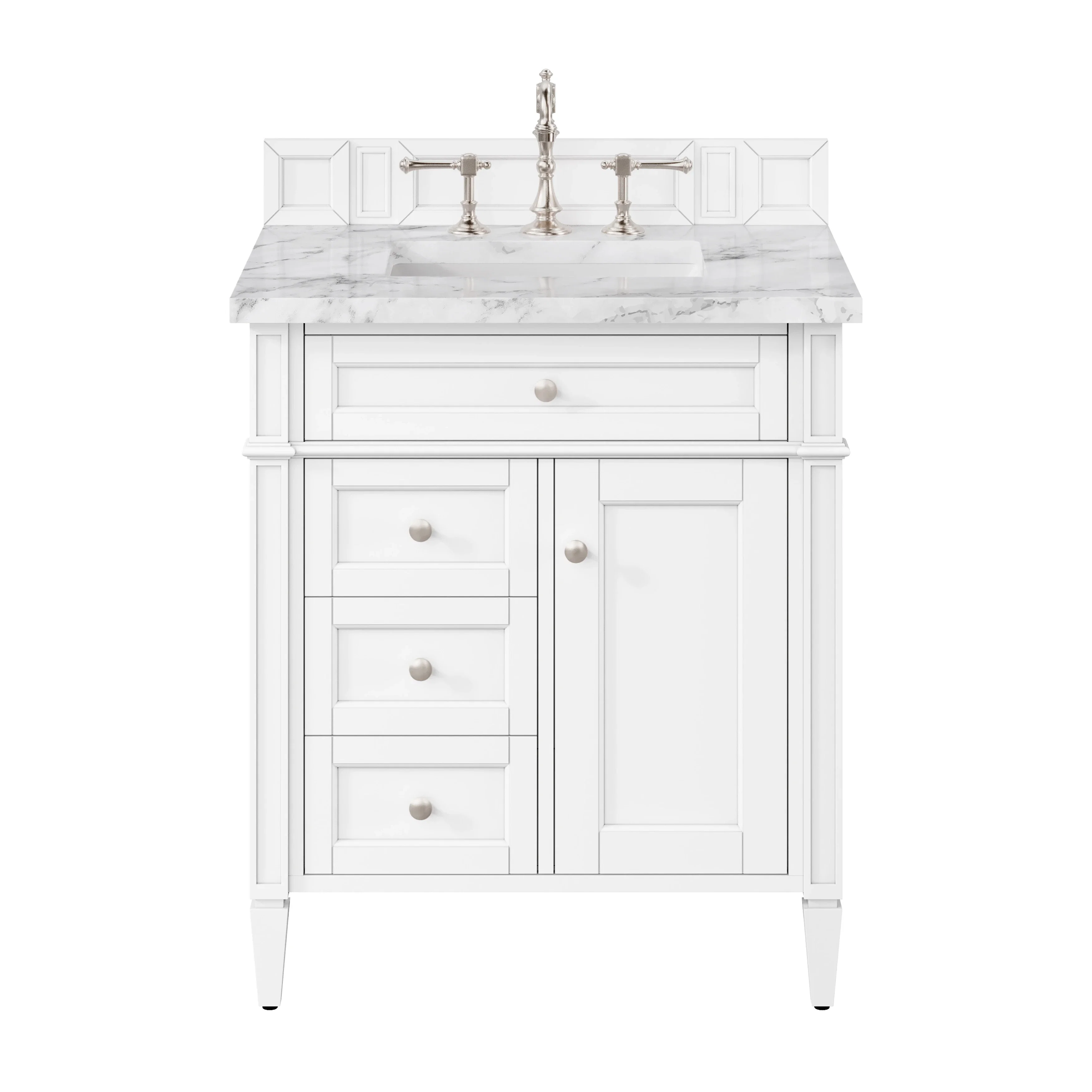 Brittany 30" Single Vanity, Bright White w/ 3 CM Carrara Marble Top