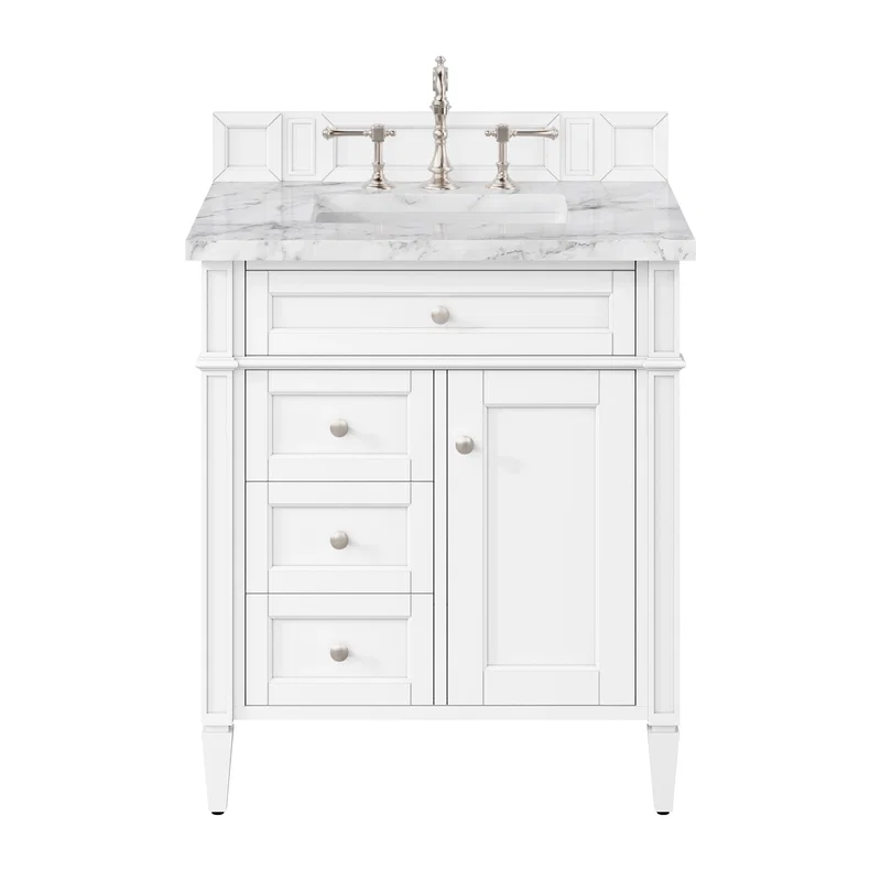 Brittany 30" Single Vanity, Bright White w/ 3 CM Carrara Marble Top