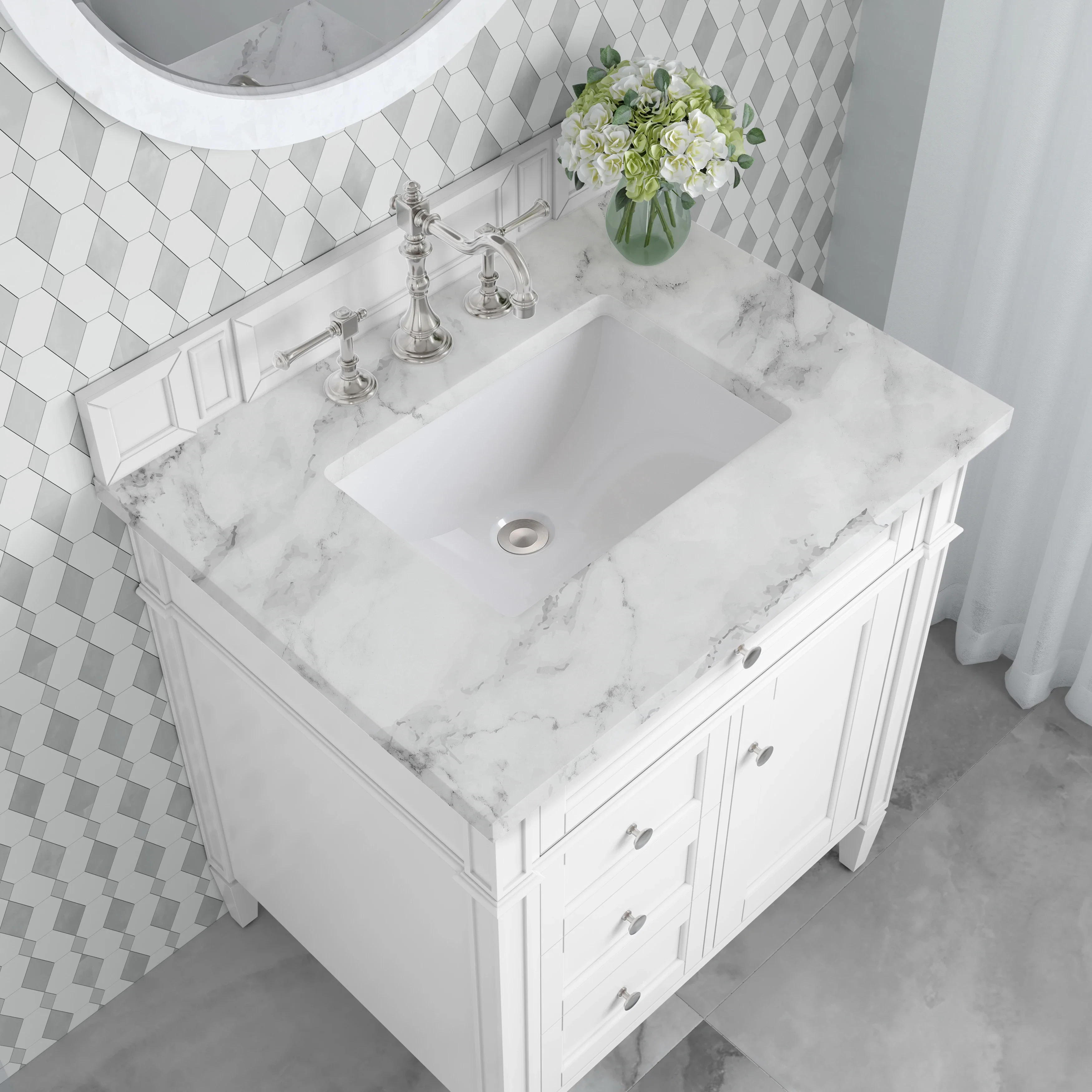 Brittany 30" Single Vanity, Bright White w/ 3 CM Carrara Marble Top