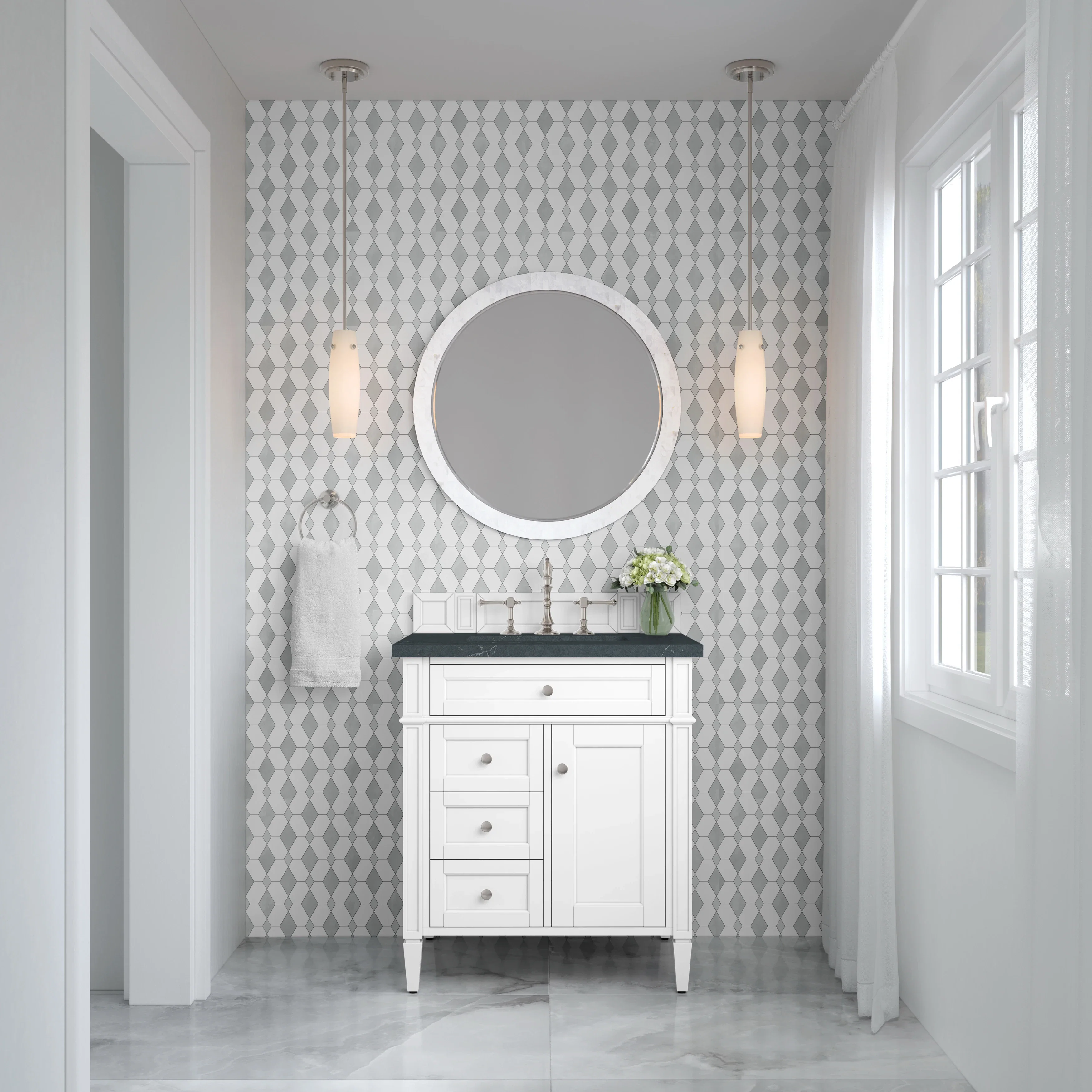 Brittany 30" Single Vanity, Bright White, w/ 3 CM Charcoal Soapstone Silestone Top