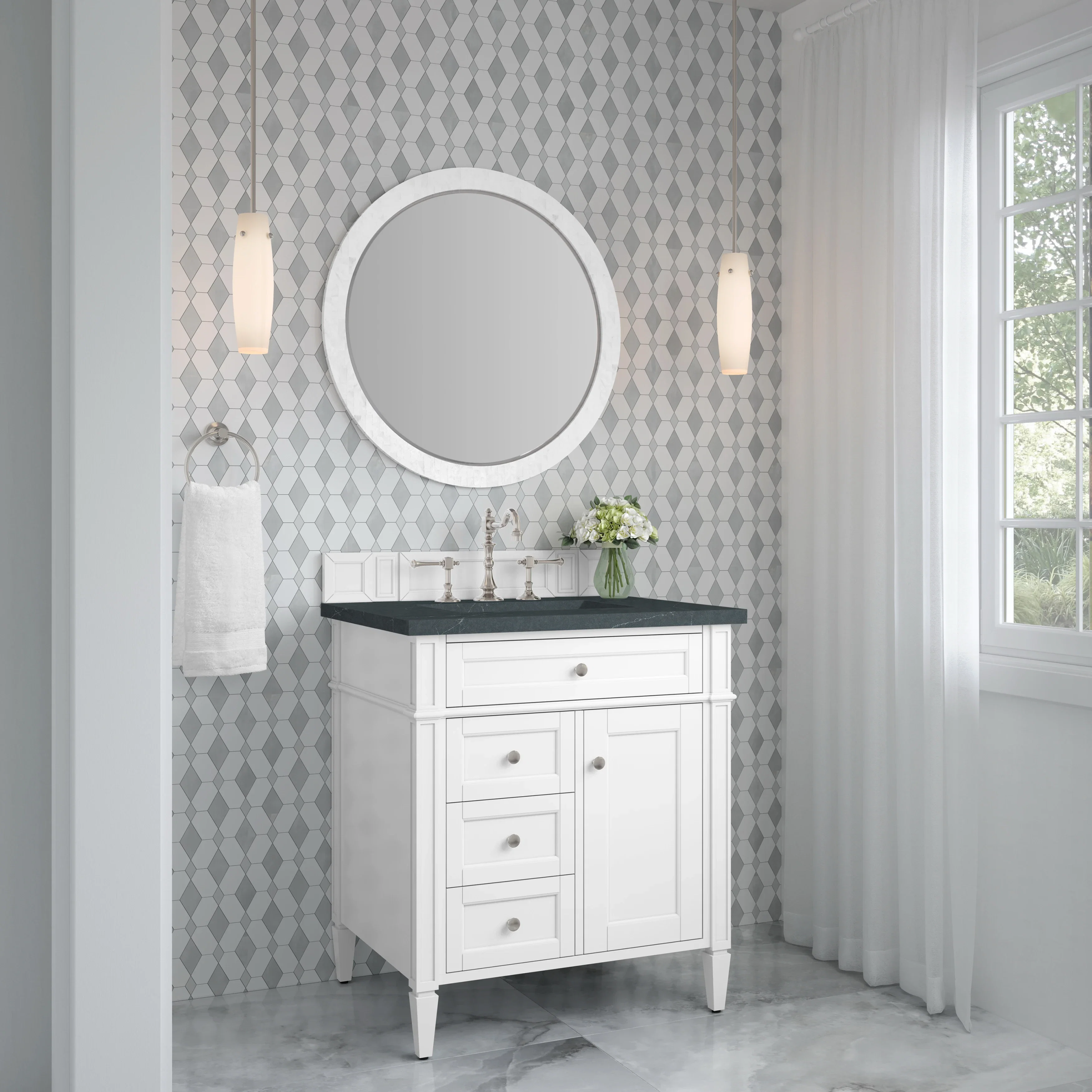 Brittany 30" Single Vanity, Bright White, w/ 3 CM Charcoal Soapstone Silestone Top