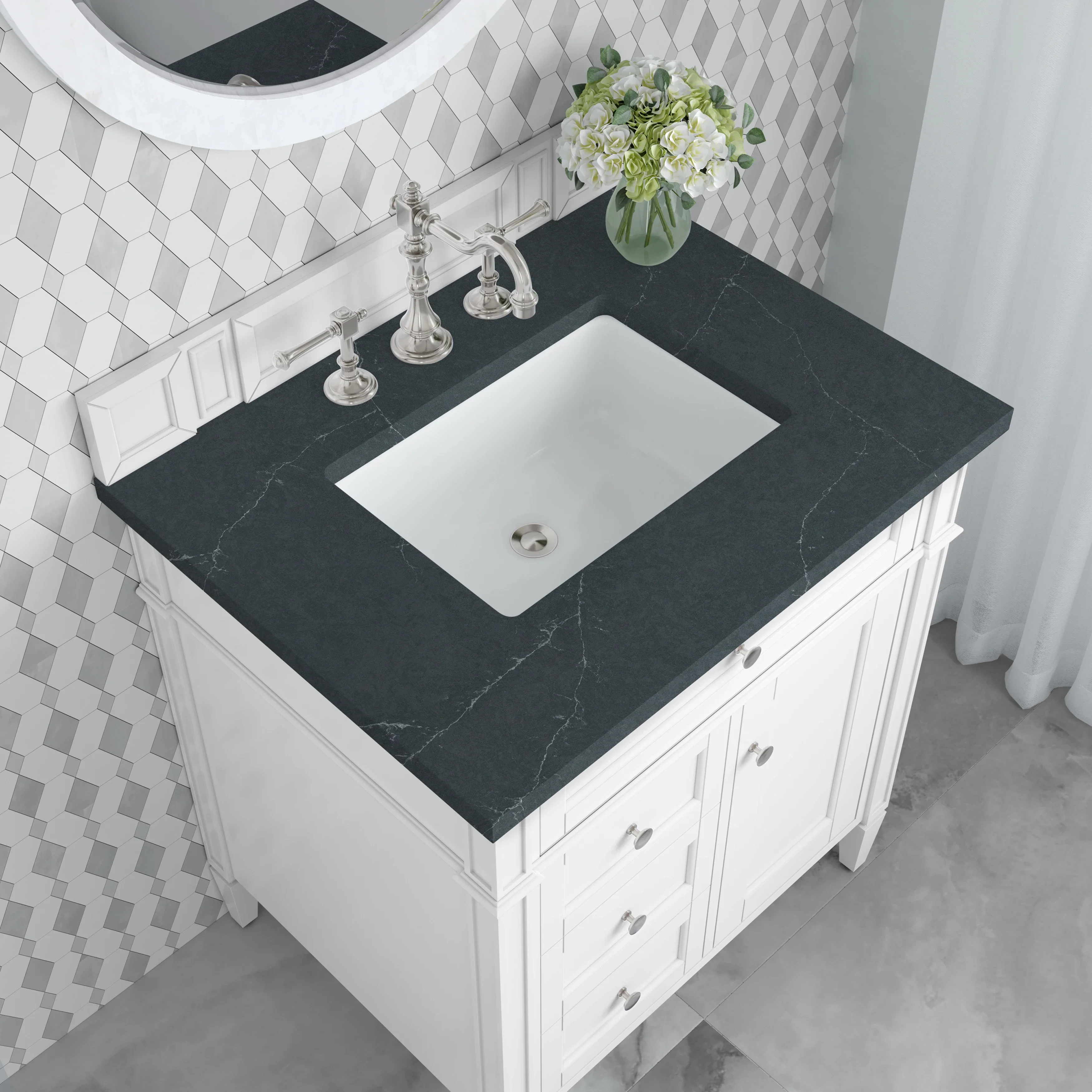 Brittany 30" Single Vanity, Bright White, w/ 3 CM Charcoal Soapstone Silestone Top