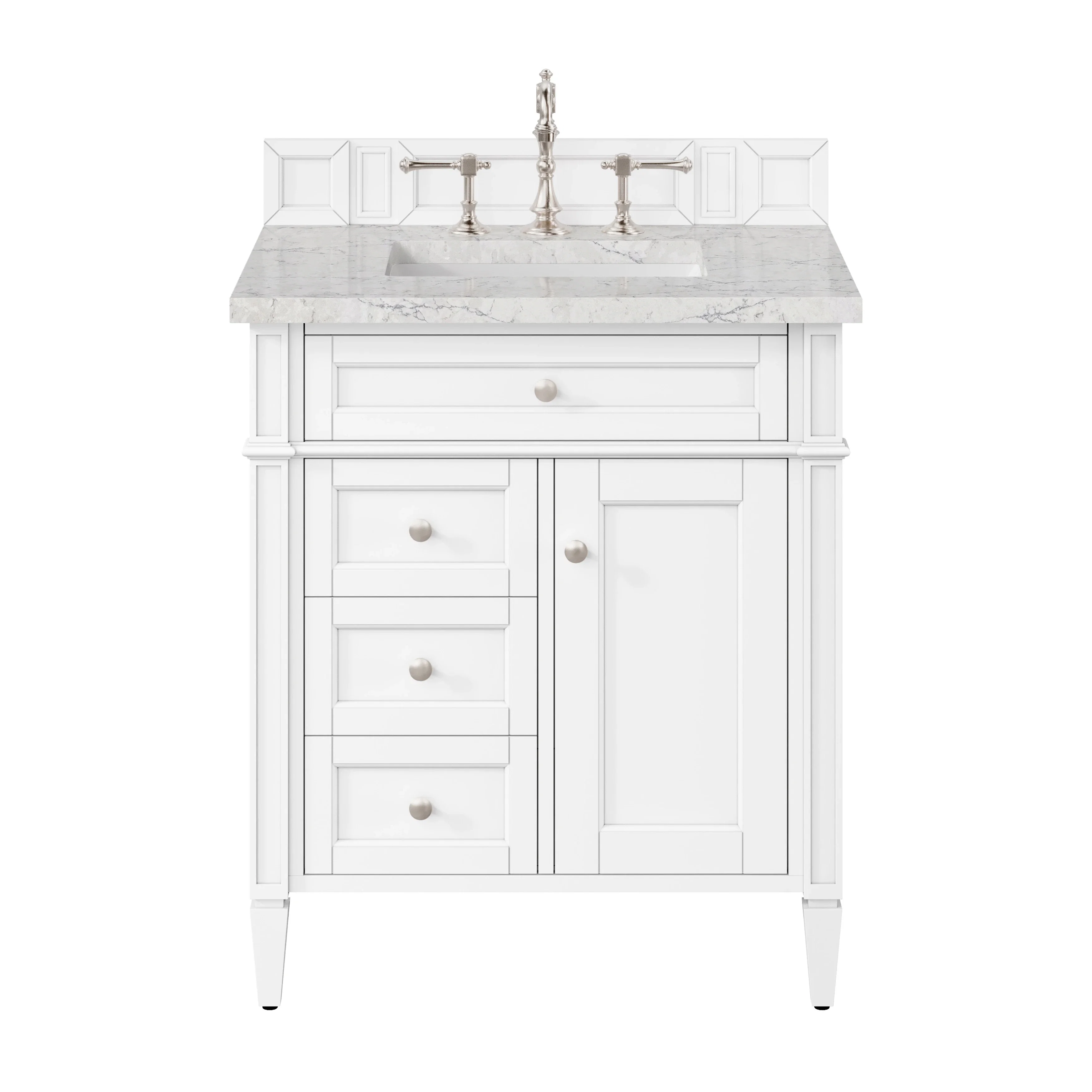 Brittany 30" Single Vanity, Bright White, w/ 3 CM Eternal Jasmine Pearl Silestone Top