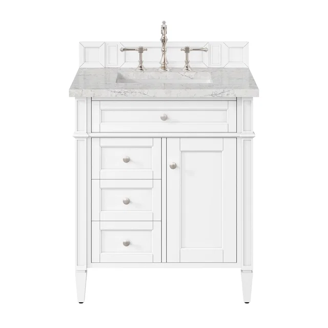 Brittany 30" Single Vanity, Bright White, w/ 3 CM Eternal Jasmine Pearl Silestone Top