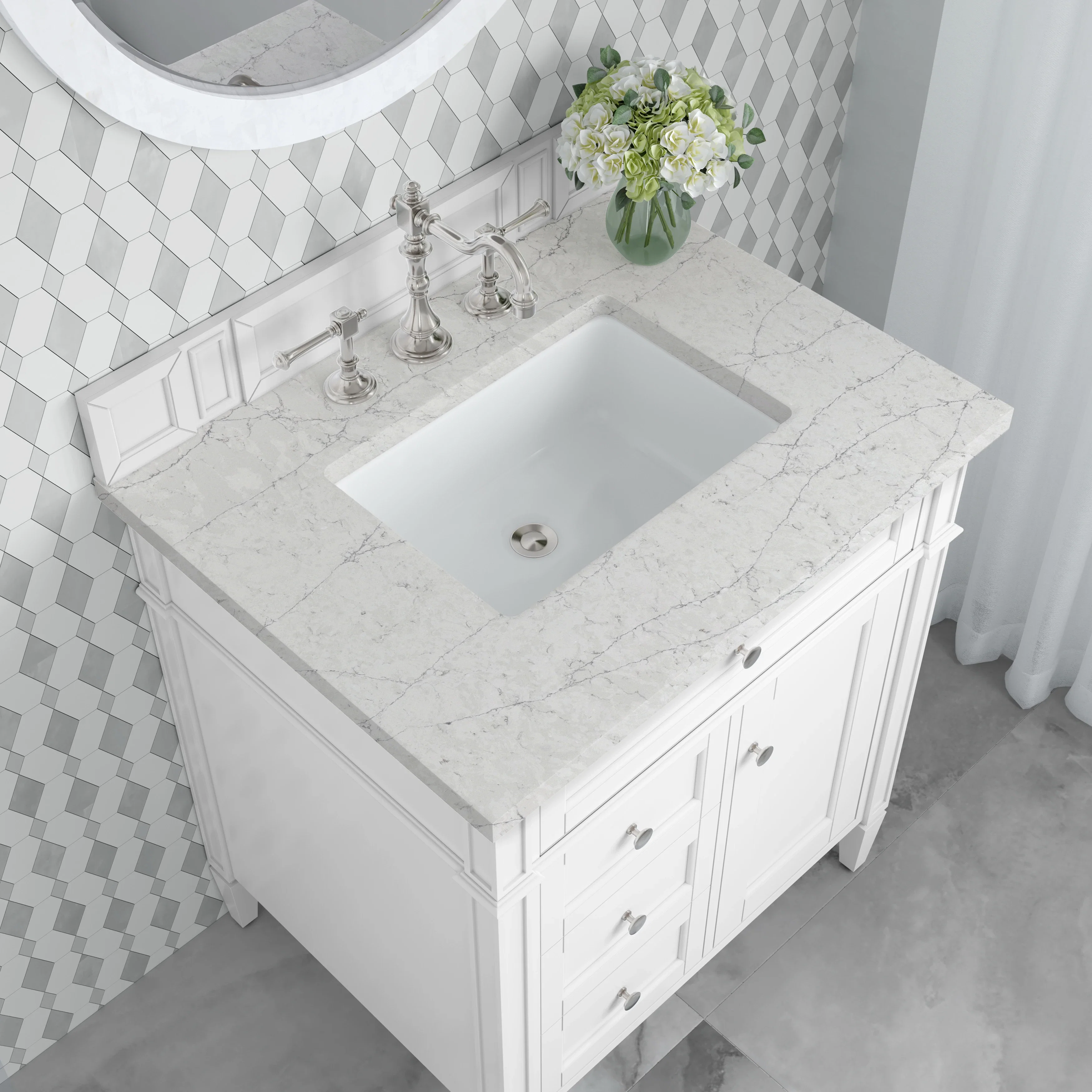 Brittany 30" Single Vanity, Bright White, w/ 3 CM Eternal Jasmine Pearl Silestone Top
