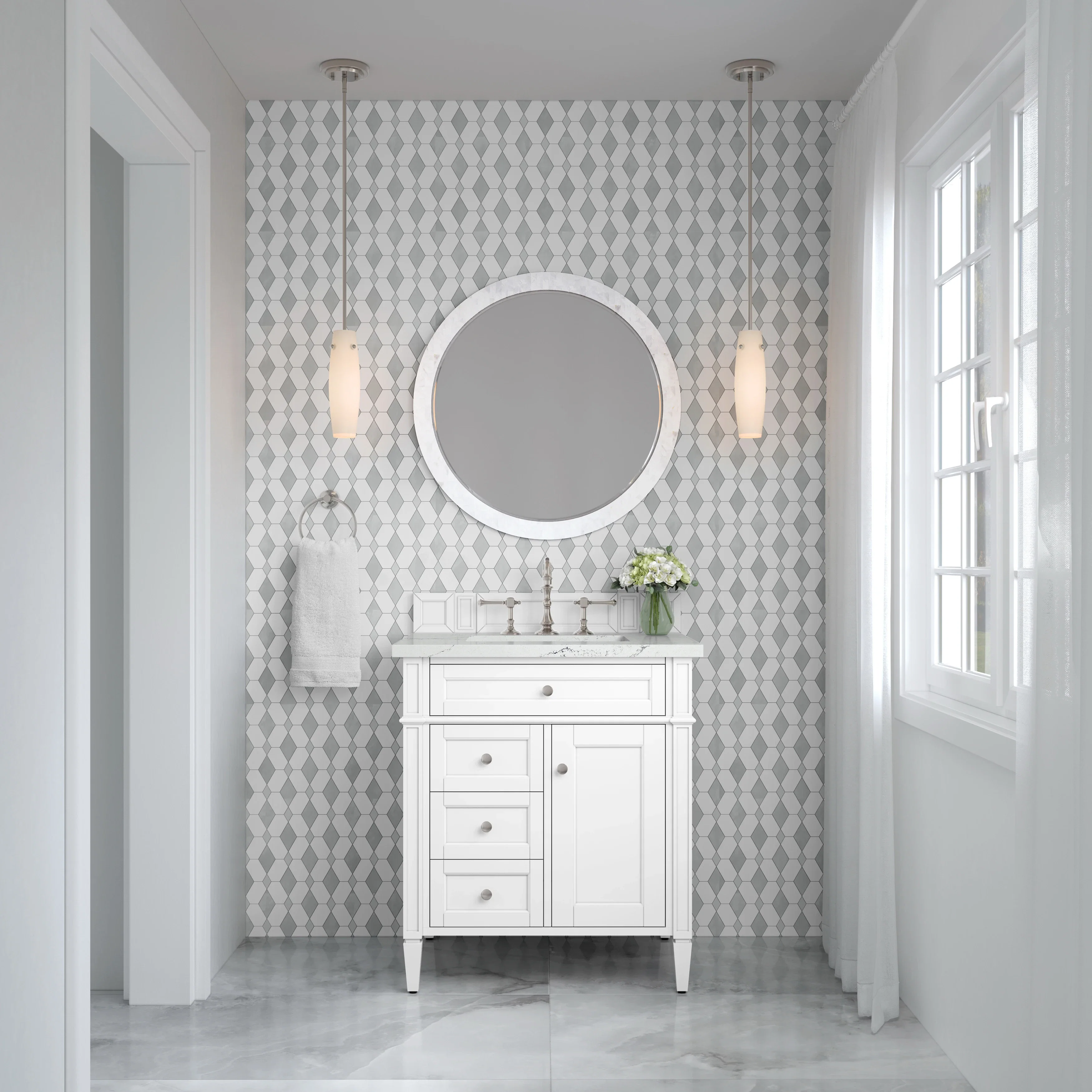 Brittany 30" Single Vanity, Bright White, w/ 3 CM Ethereal Noctis Silestone Top